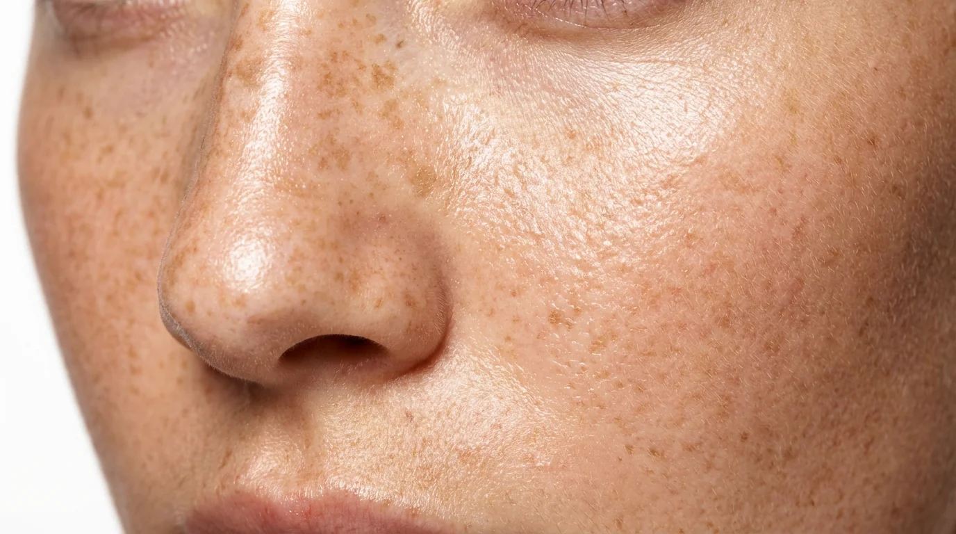 A close-up beauty photograph of a woman's face with perfectly applied, natural-looking freckles across her nose and cheeks, set against a plain white background.