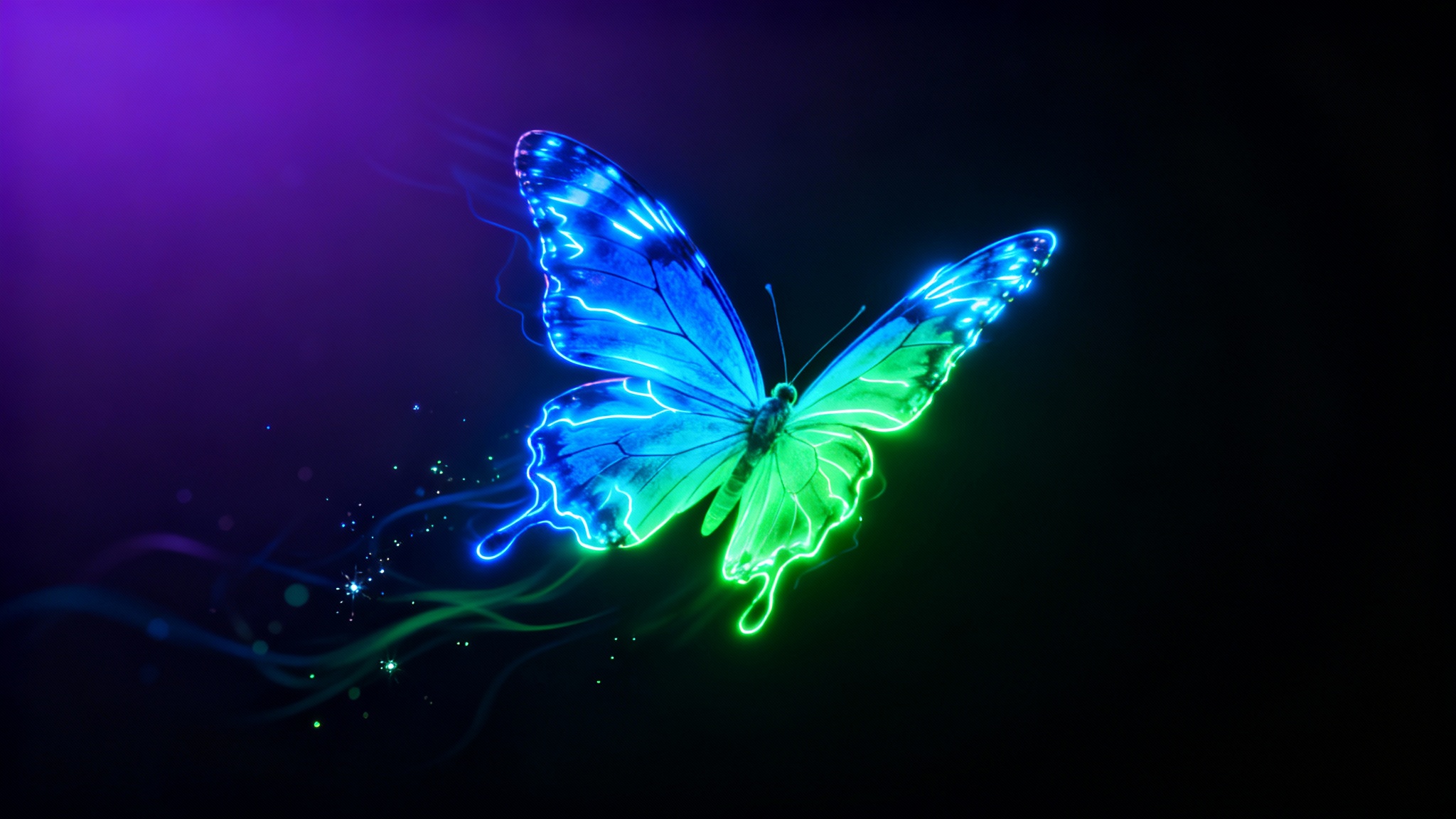 A high-definition hero image of a final designed background, featuring a single neon butterfly with glowing blue and green wings against a dark purple-to-black gradient.