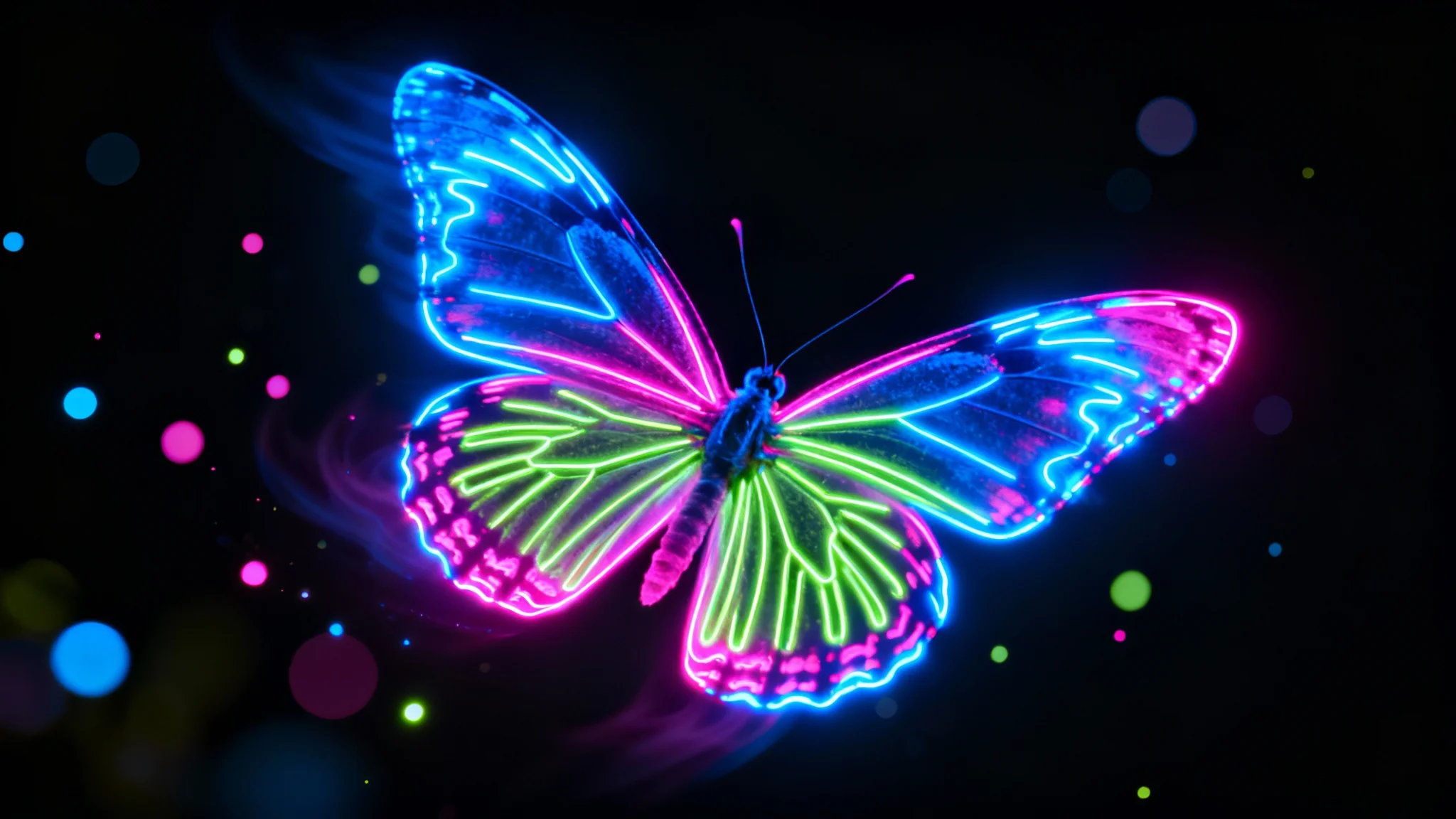 A stunning, high-definition image of a single butterfly made from glowing neon lights in shades of blue, pink, and green, set against a solid black background.