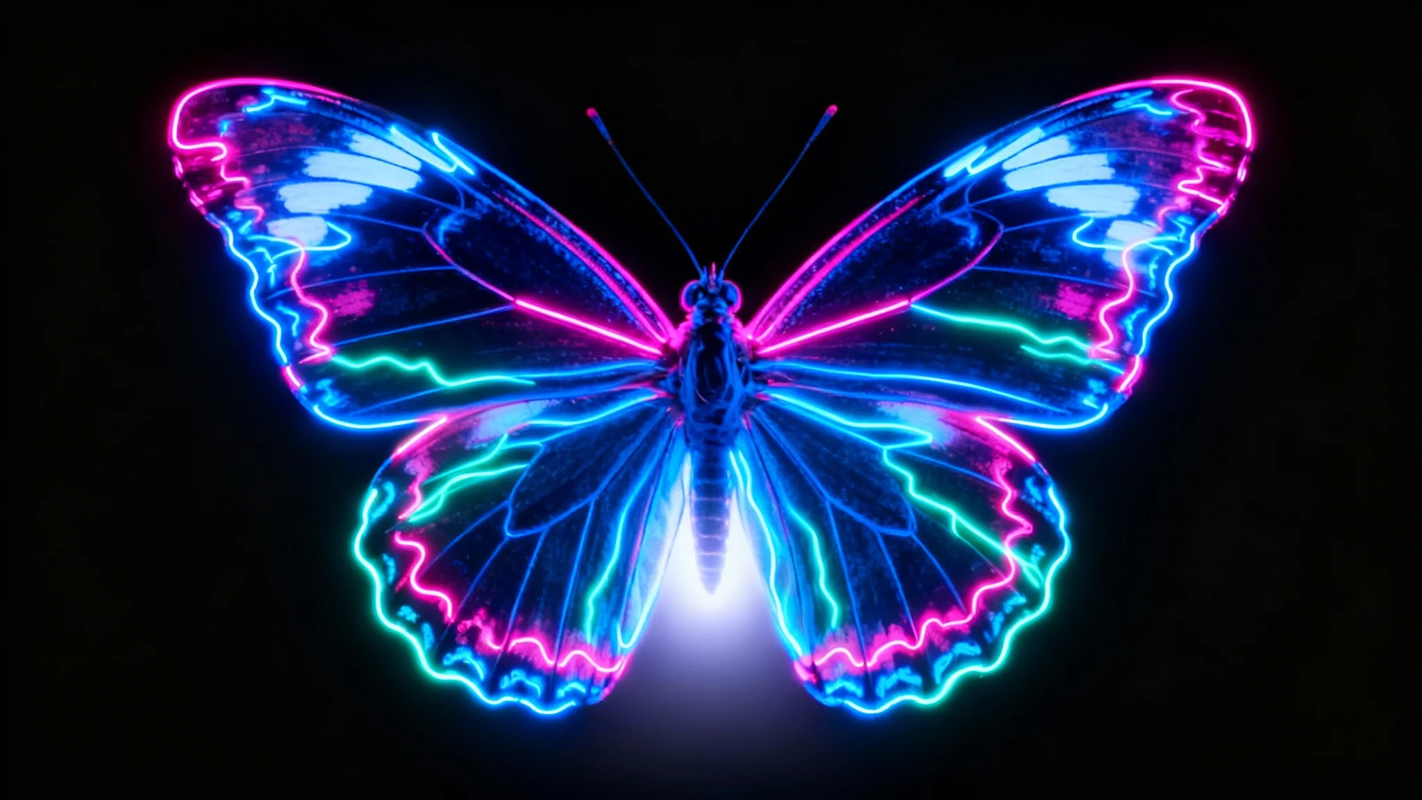 An electrifying image of a single butterfly with its wings outlined in brilliant neon blue and pink, glowing intensely against a solid black background.