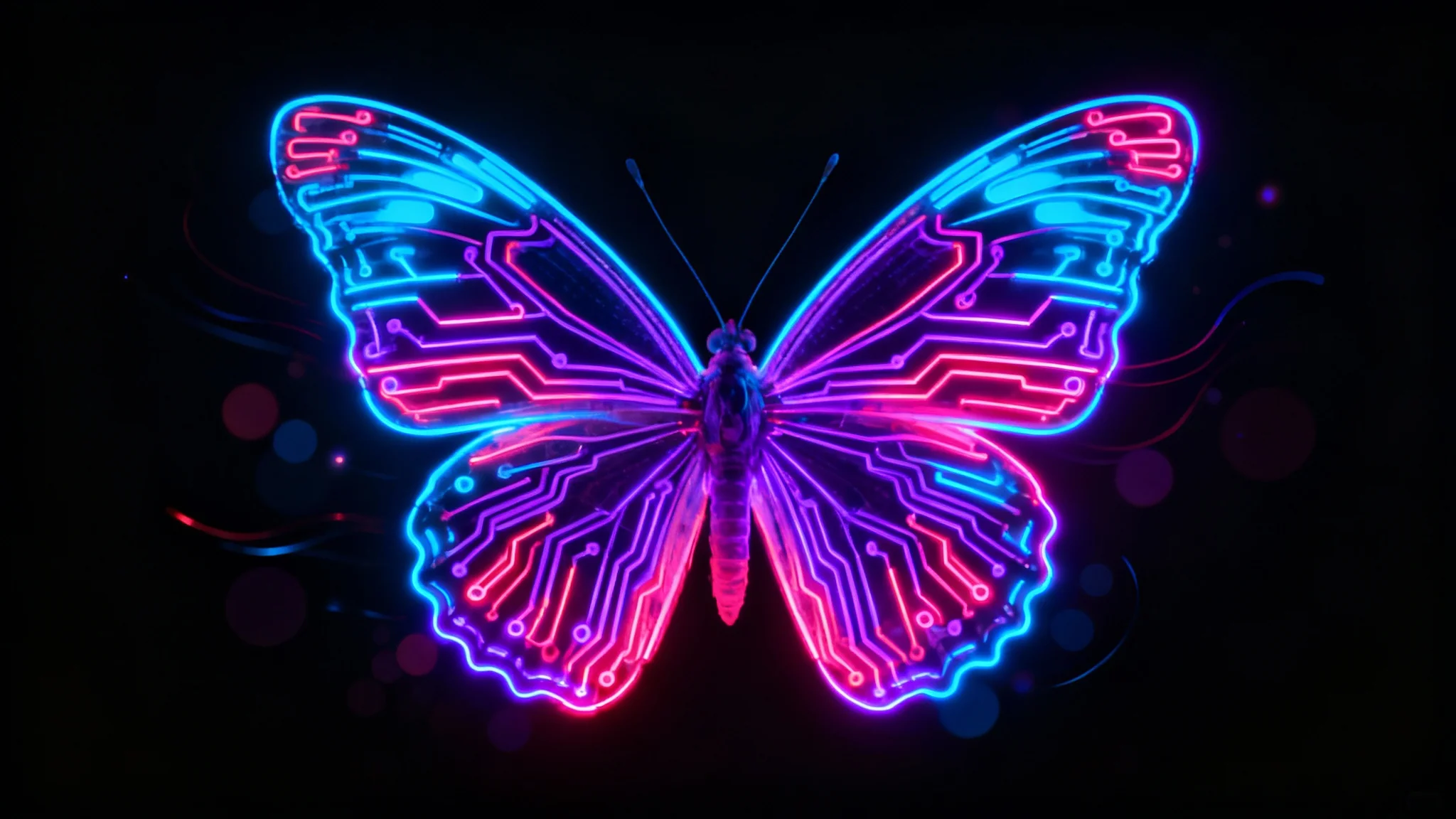 A stunning, high-definition image of a single butterfly made of glowing neon lines in shades of blue and pink, set against a solid black background, creating a futuristic and magical effect.