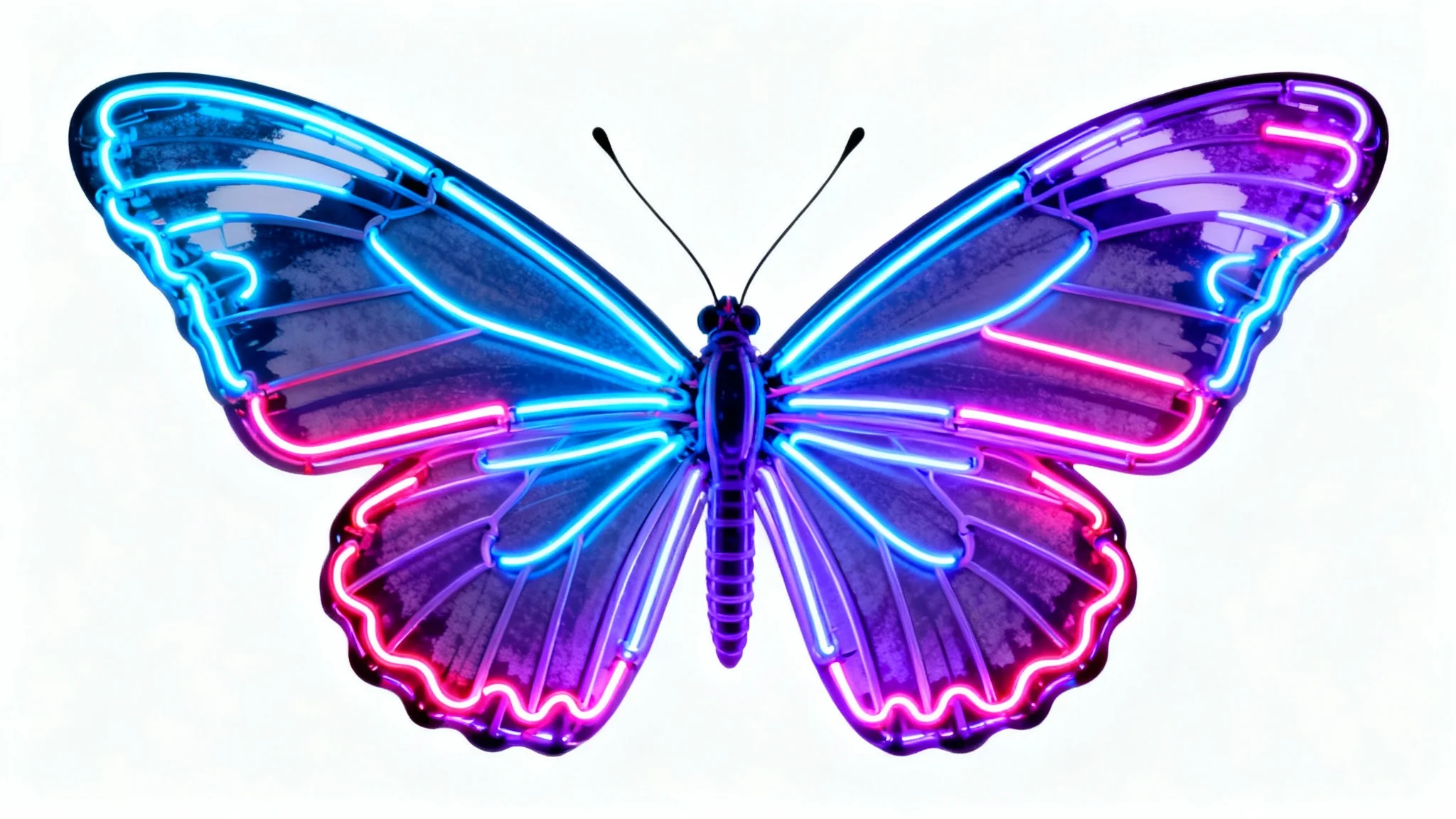 A photorealistic mockup of a neon butterfly background, featuring a single large butterfly with wings made of glowing blue, pink, and purple neon tubes, set against a clean white background.