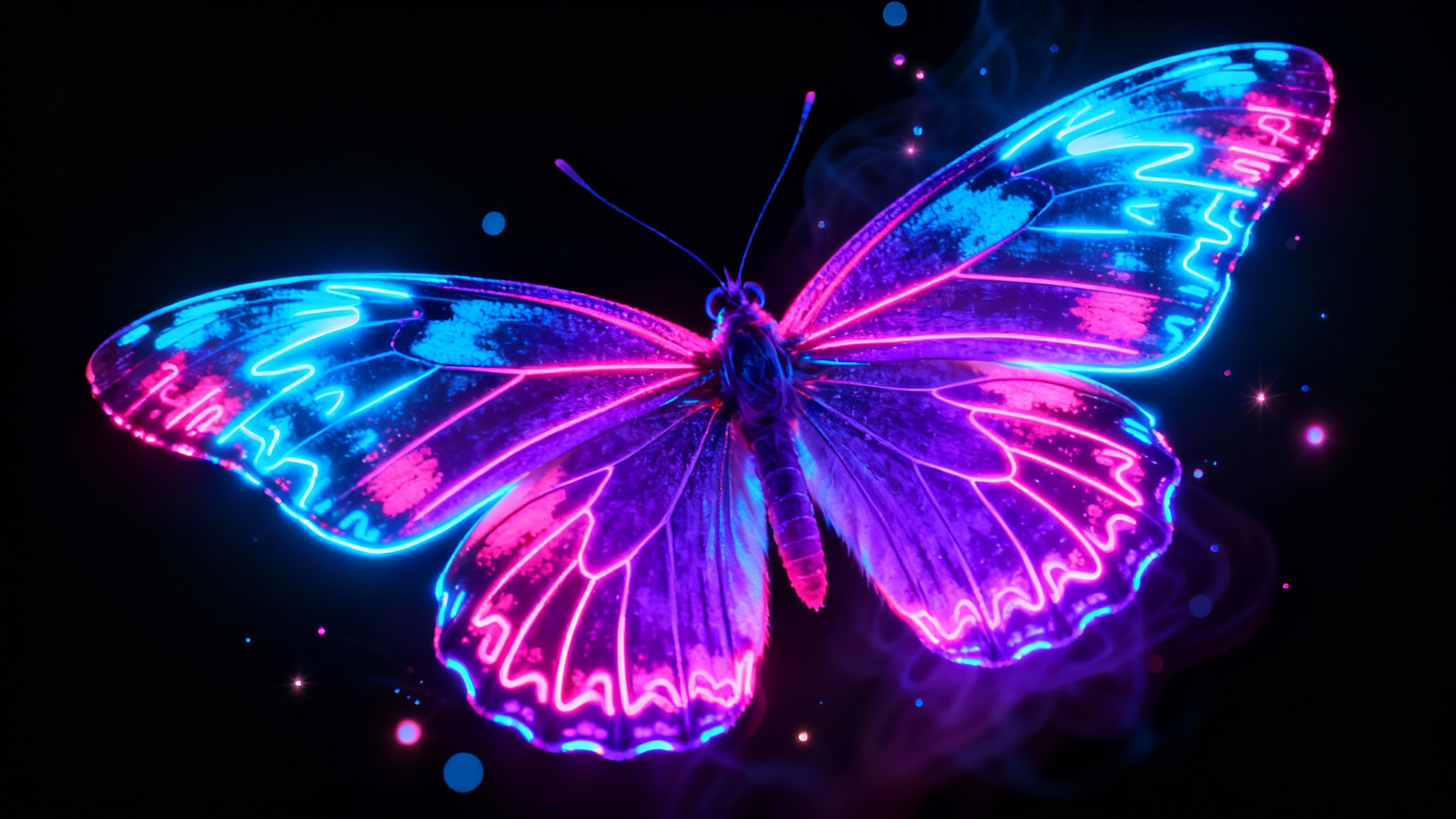 A close-up of a large, beautiful butterfly with glowing neon patterns in blue and pink on its wings, set against a solid black background.