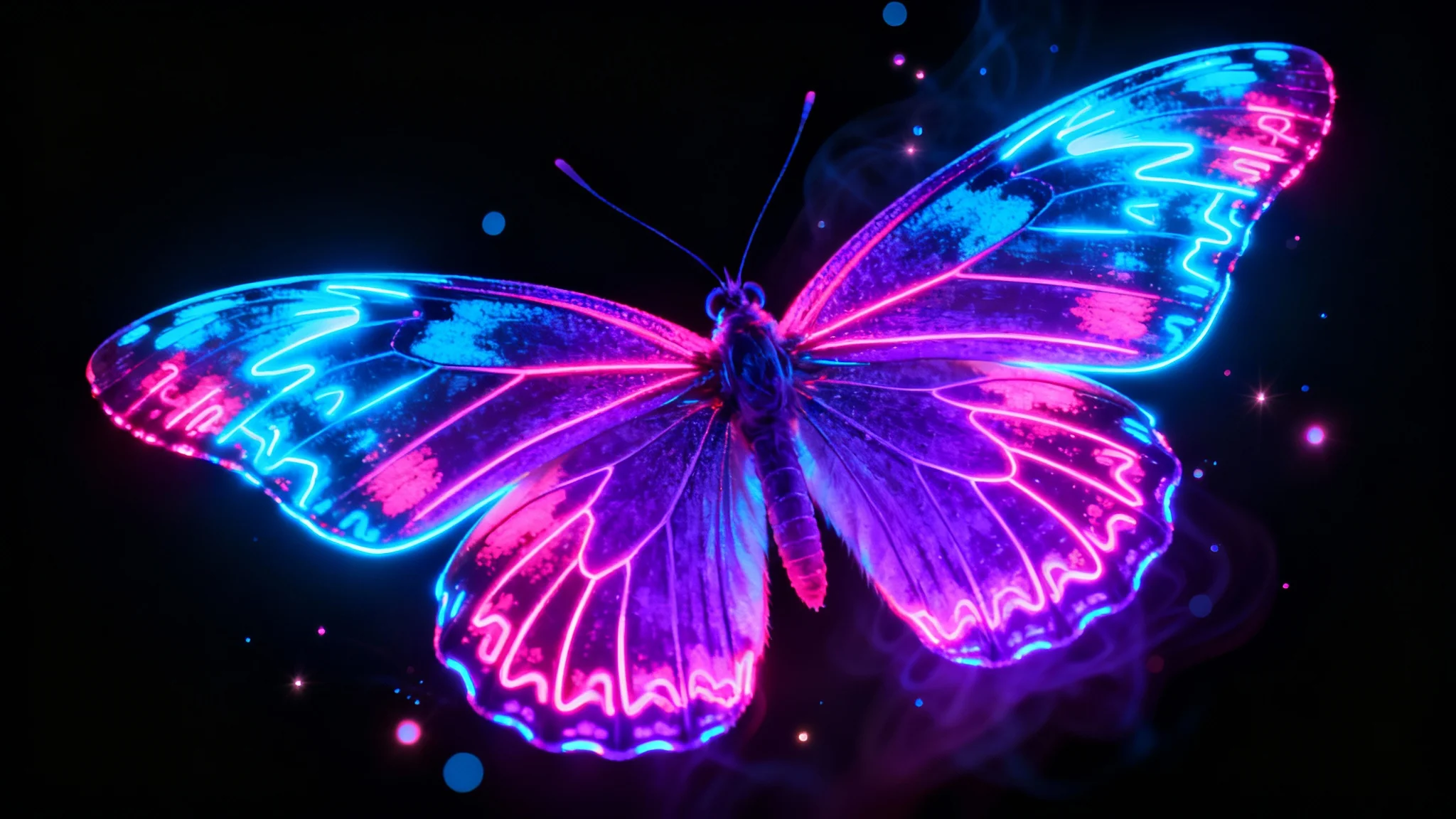 A close-up of a large, beautiful butterfly with glowing neon patterns in blue and pink on its wings, set against a solid black background.