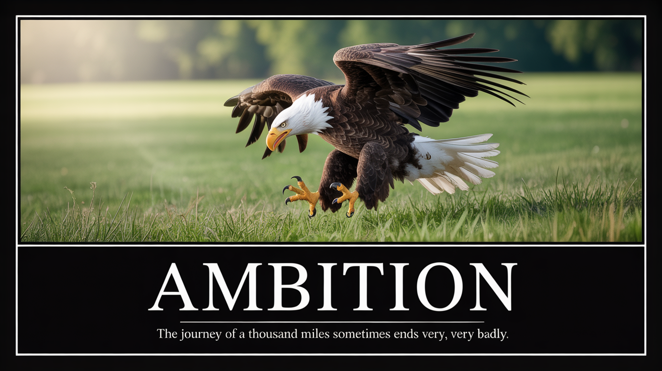 A demotivational poster showing an eagle that has crash-landed. The title 'AMBITION' is below the image, followed by the caption 'The journey of a thousand miles sometimes ends very, very badly.'