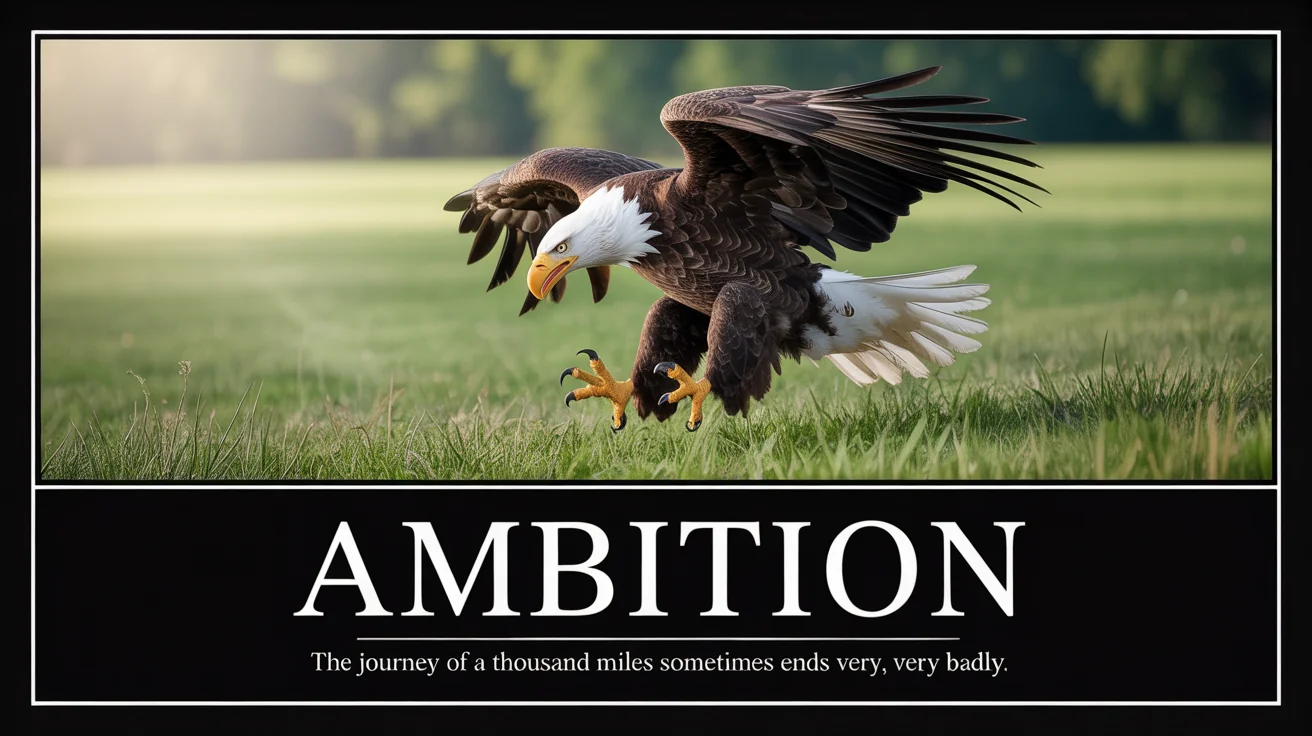 A demotivational poster showing an eagle that has crash-landed. The title 'AMBITION' is below the image, followed by the caption 'The journey of a thousand miles sometimes ends very, very badly.'