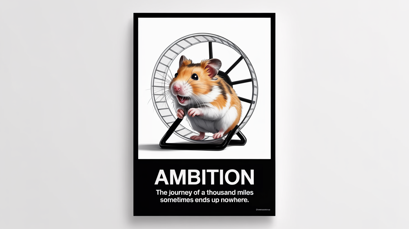 A mockup of a demotivational poster against a white background. The poster features a photo of a hamster running in a wheel and is titled 'AMBITION' with the tagline 'The journey of a thousand miles sometimes ends up nowhere.'
