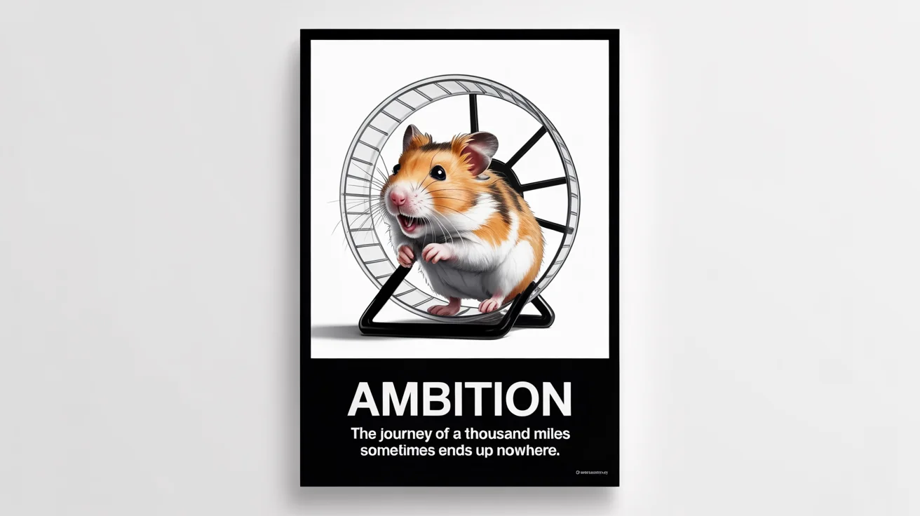 A mockup of a demotivational poster against a white background. The poster features a photo of a hamster running in a wheel and is titled 'AMBITION' with the tagline 'The journey of a thousand miles sometimes ends up nowhere.'