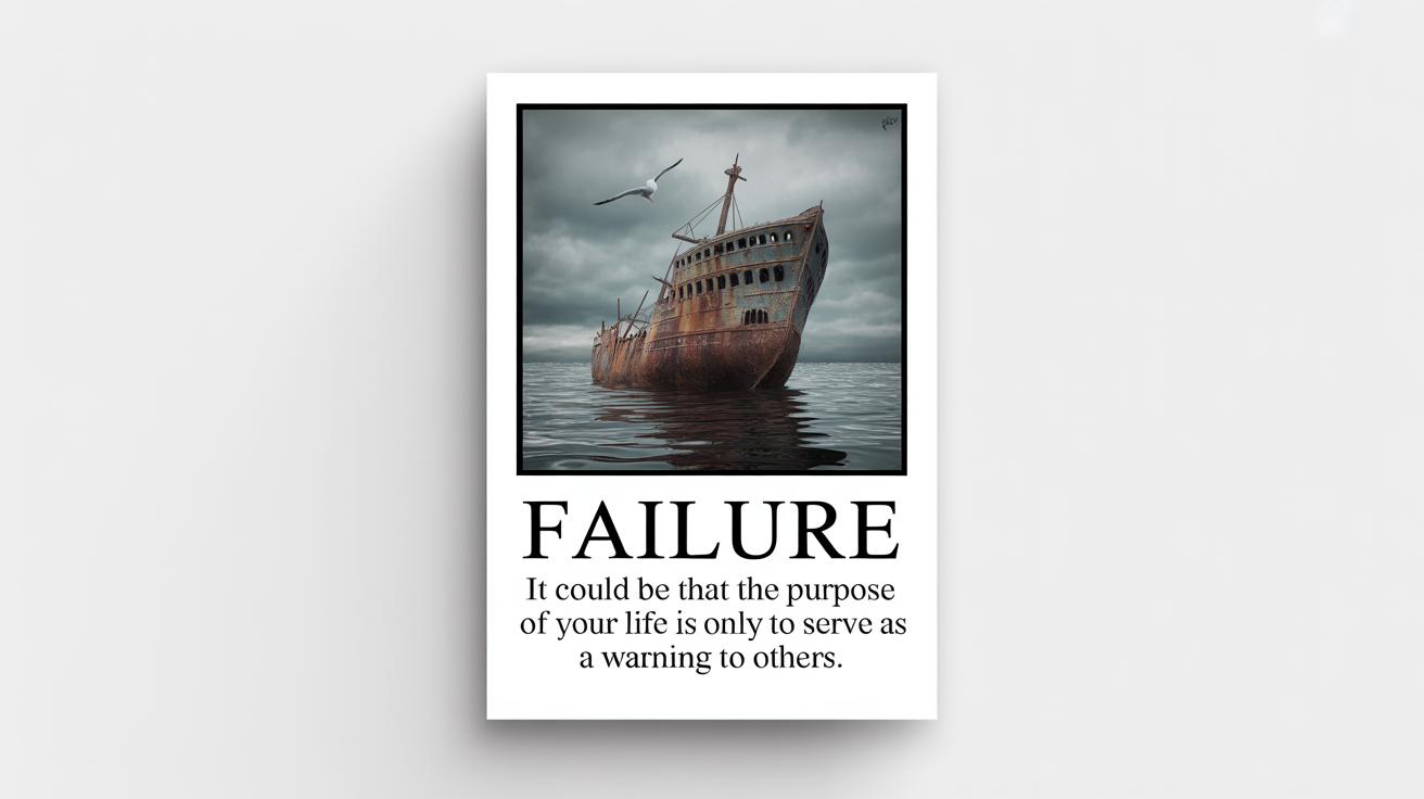 A mockup of a demotivational poster on a white background. The poster features a dramatic photo of a shipwreck and has text that reads 'FAILURE. It could be that the purpose of your life is only to serve as a warning to others.'