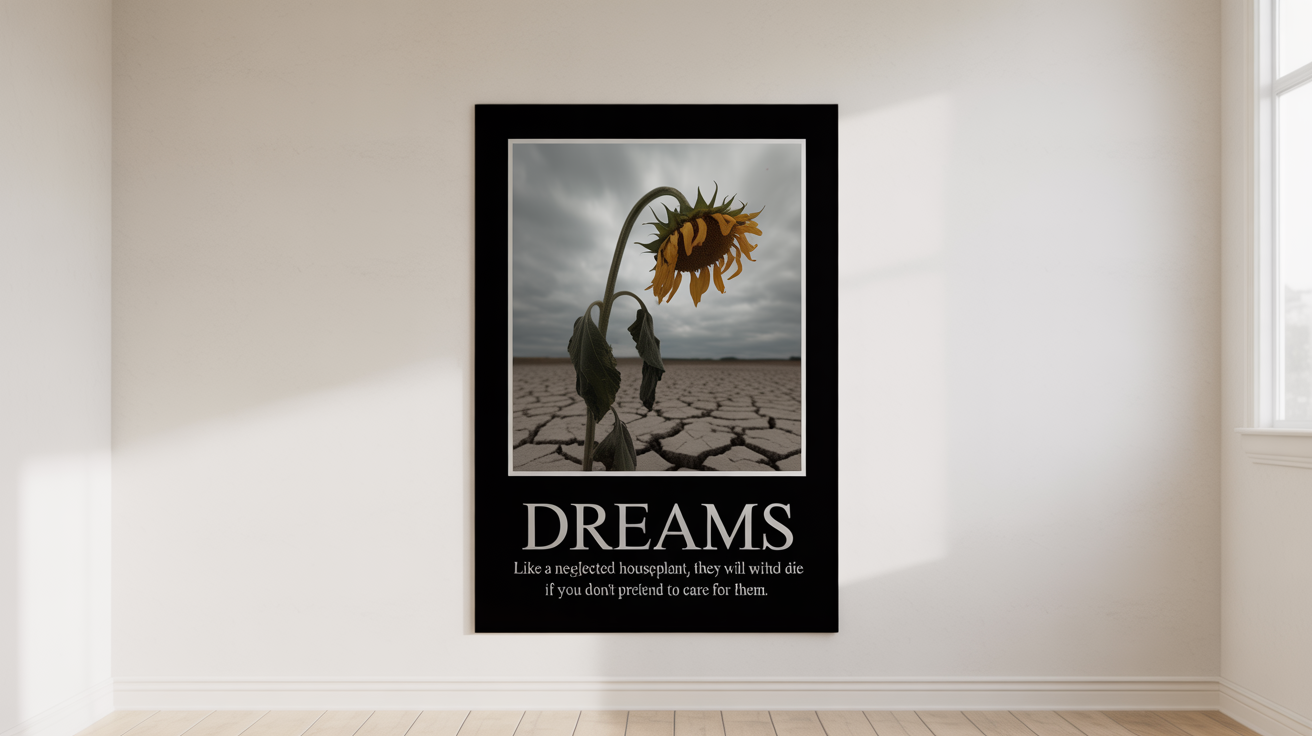 A demotivational poster mockup featuring a wilting sunflower. The title reads 'DREAMS' with a sarcastic caption about neglect underneath.