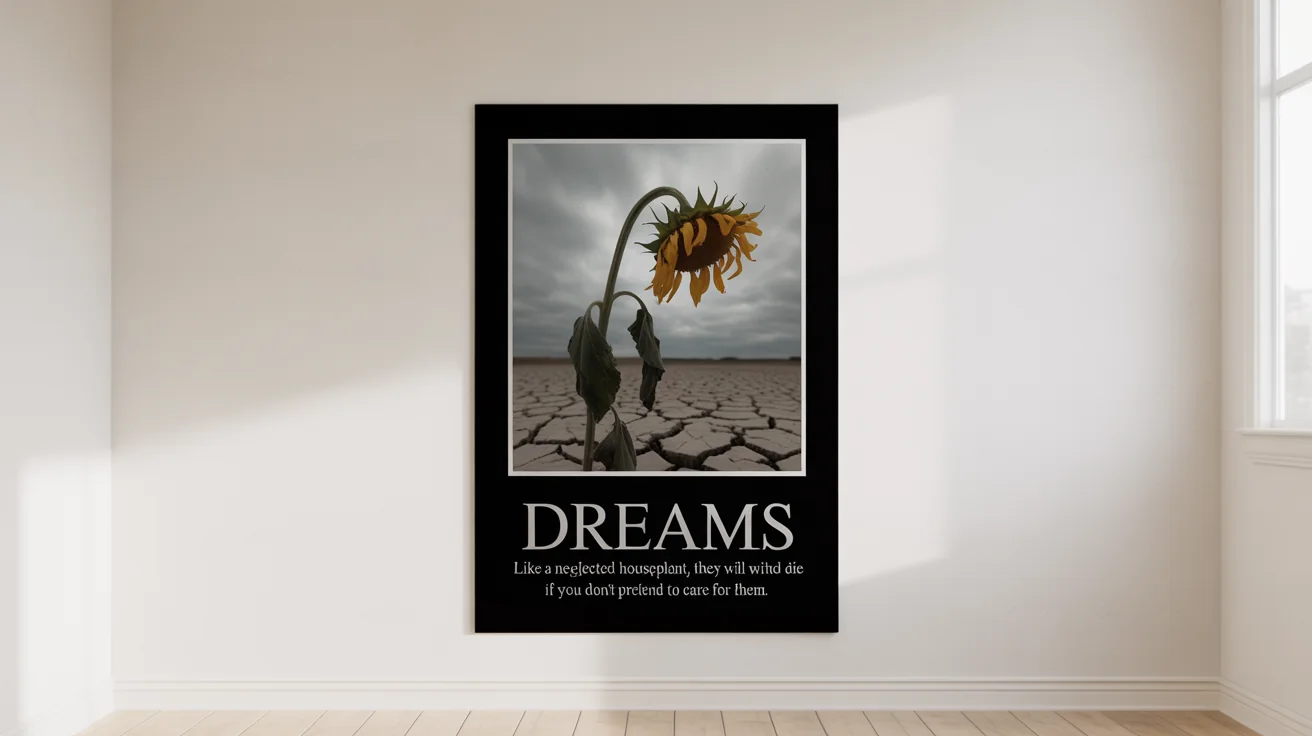 A demotivational poster mockup featuring a wilting sunflower. The title reads 'DREAMS' with a sarcastic caption about neglect underneath.