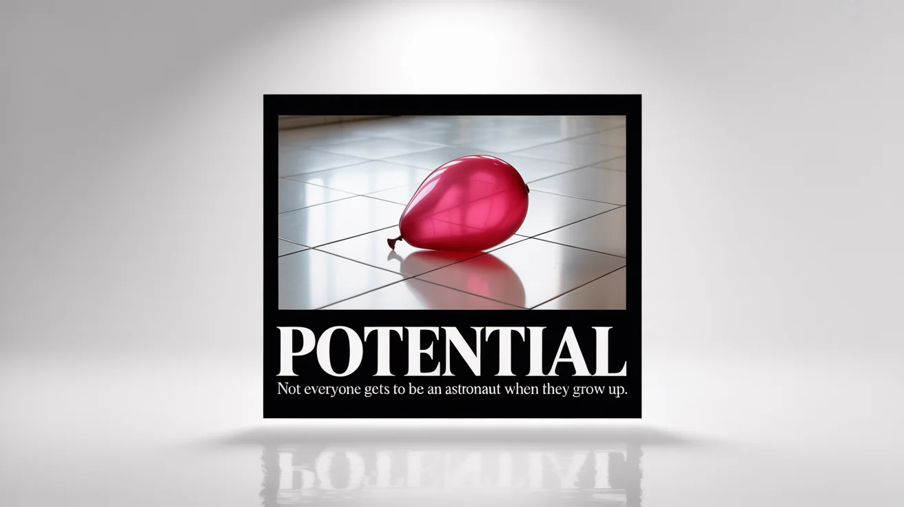 A demotivational poster mockup with a black border on a white background. It shows a photo of a single deflated red balloon and has the caption 'POTENTIAL' with the tagline 'Not everyone gets to be an astronaut when they grow up.'
