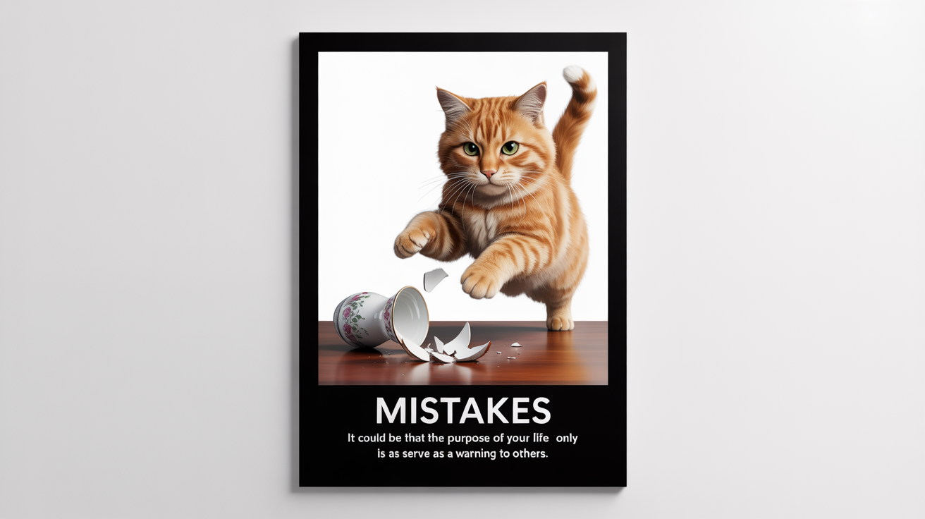 A demotivational poster mockup featuring a cat knocking a vase off a table, with the title 'MISTAKES' and a cynical caption about being a warning to others.