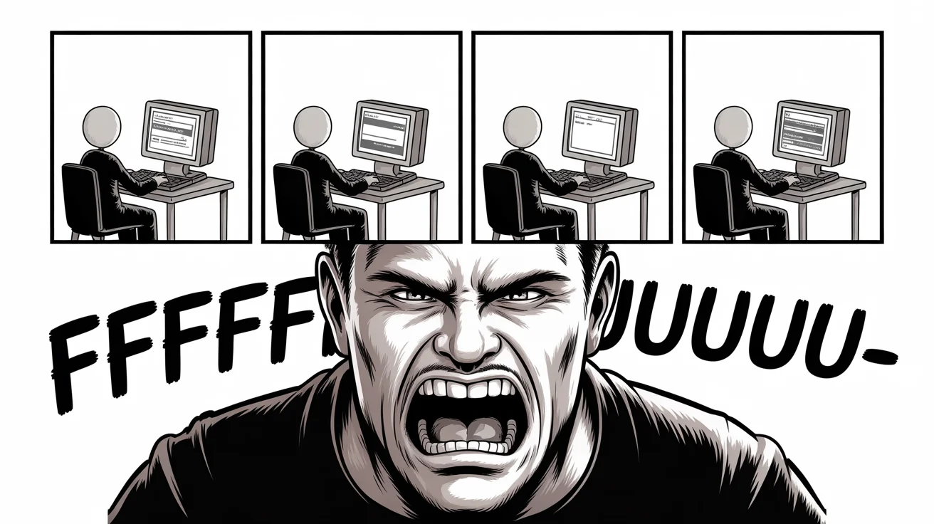 A 4-panel rage comic in the classic black and white style. It shows a stick figure getting angry at a computer error, culminating in the iconic screaming 'Rage Guy' face in the final panel with the text 'FFFFFFFUUUUUUUUUU-'.