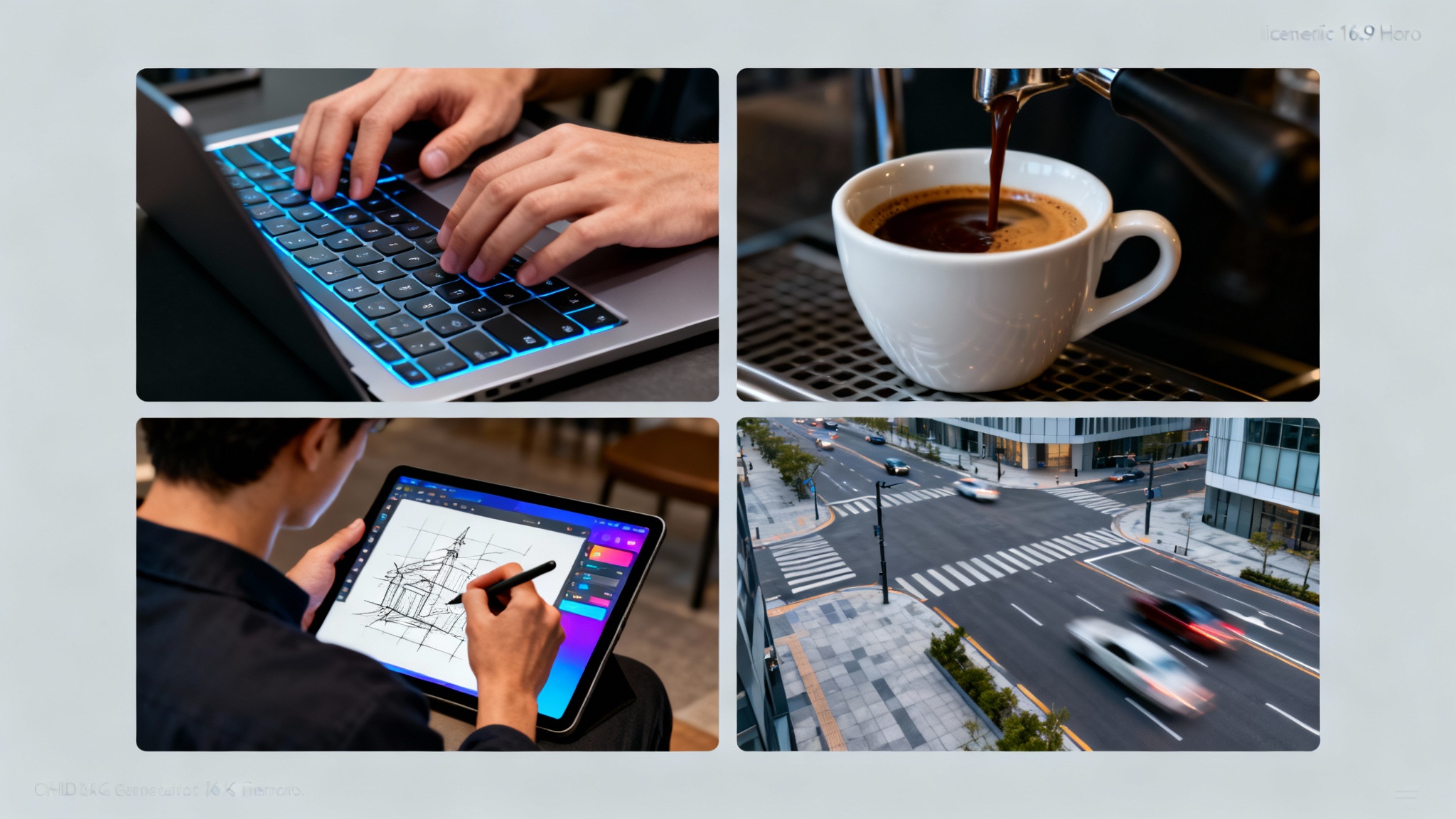 A professional 16:9 montage of four different cinematic b-roll video clips arranged in a grid. The clips show hands typing, coffee being poured, a designer sketching, and an aerial city view, all demonstrating high-quality video footage.