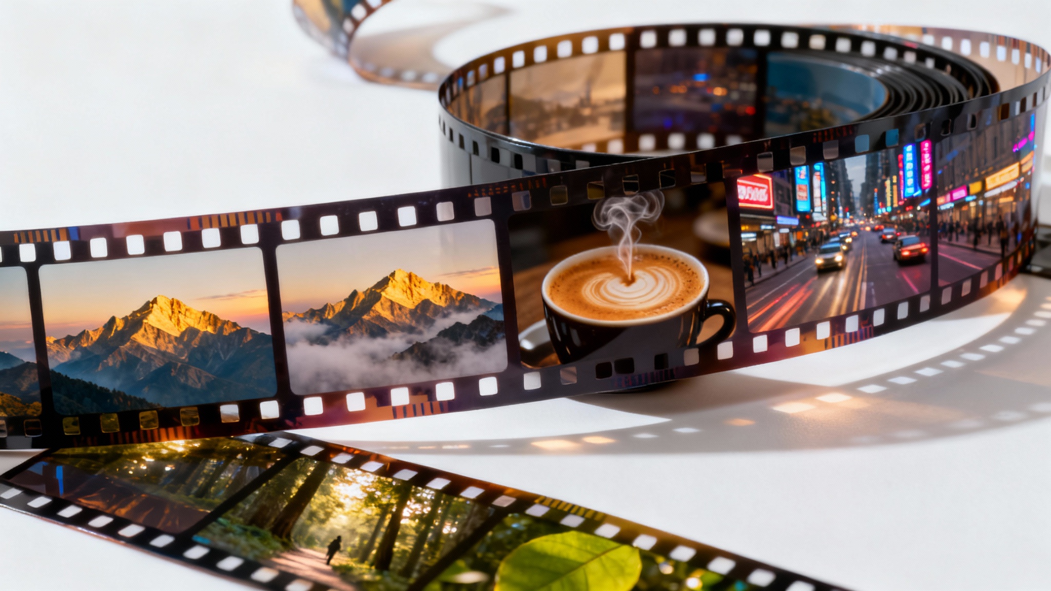 An artistic arrangement of several 35mm film strips on a white background, representing the concept of b-roll footage. Each frame shows a different cinematic scene, such as landscapes and city life.