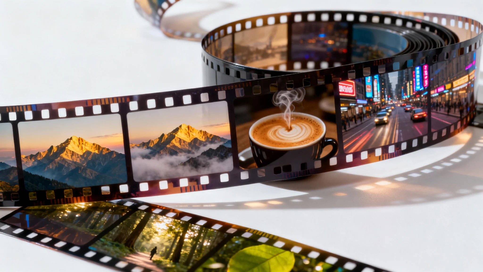 An artistic arrangement of several 35mm film strips on a white background, representing the concept of b-roll footage. Each frame shows a different cinematic scene, such as landscapes and city life.