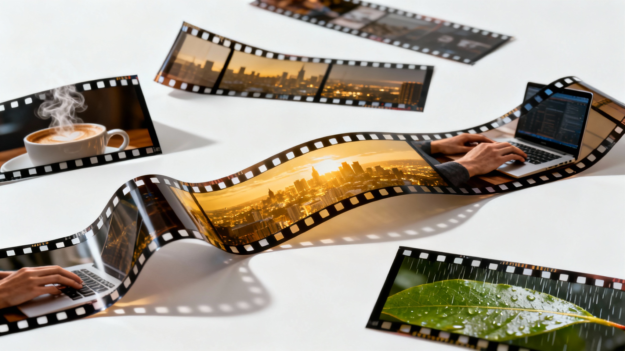 A collection of cinematic film strips scattered on a white background, each showing a different scene like a cityscape or a coffee cup, representing the concept of B-roll footage.