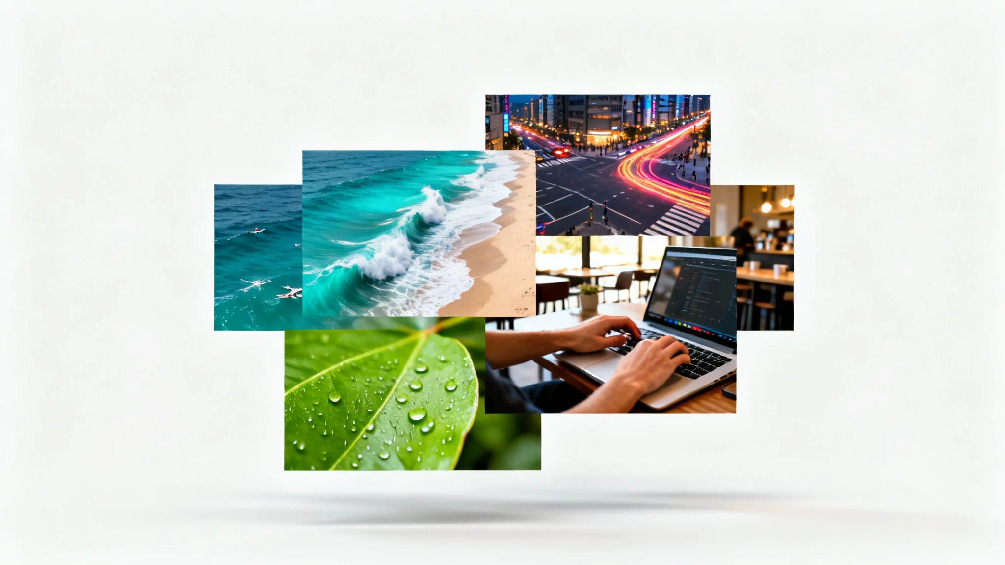 A collage of diverse, cinematic B-roll scenes, including an ocean wave, hands typing on a laptop, city traffic at night, and raindrops on a leaf, all displayed against a clean white background.