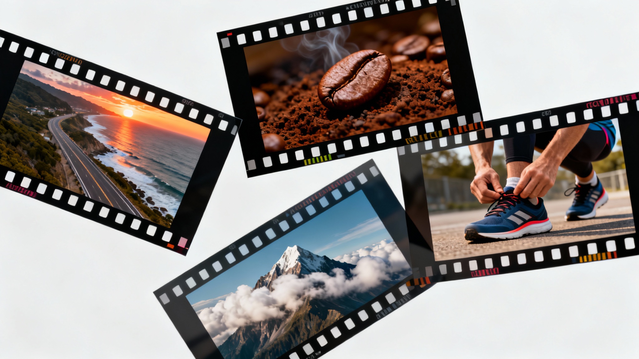 A collection of stylized film strips representing b-roll footage, featuring diverse scenes like a coastal highway, coffee beans, and an athlete, all set against a clean white background.