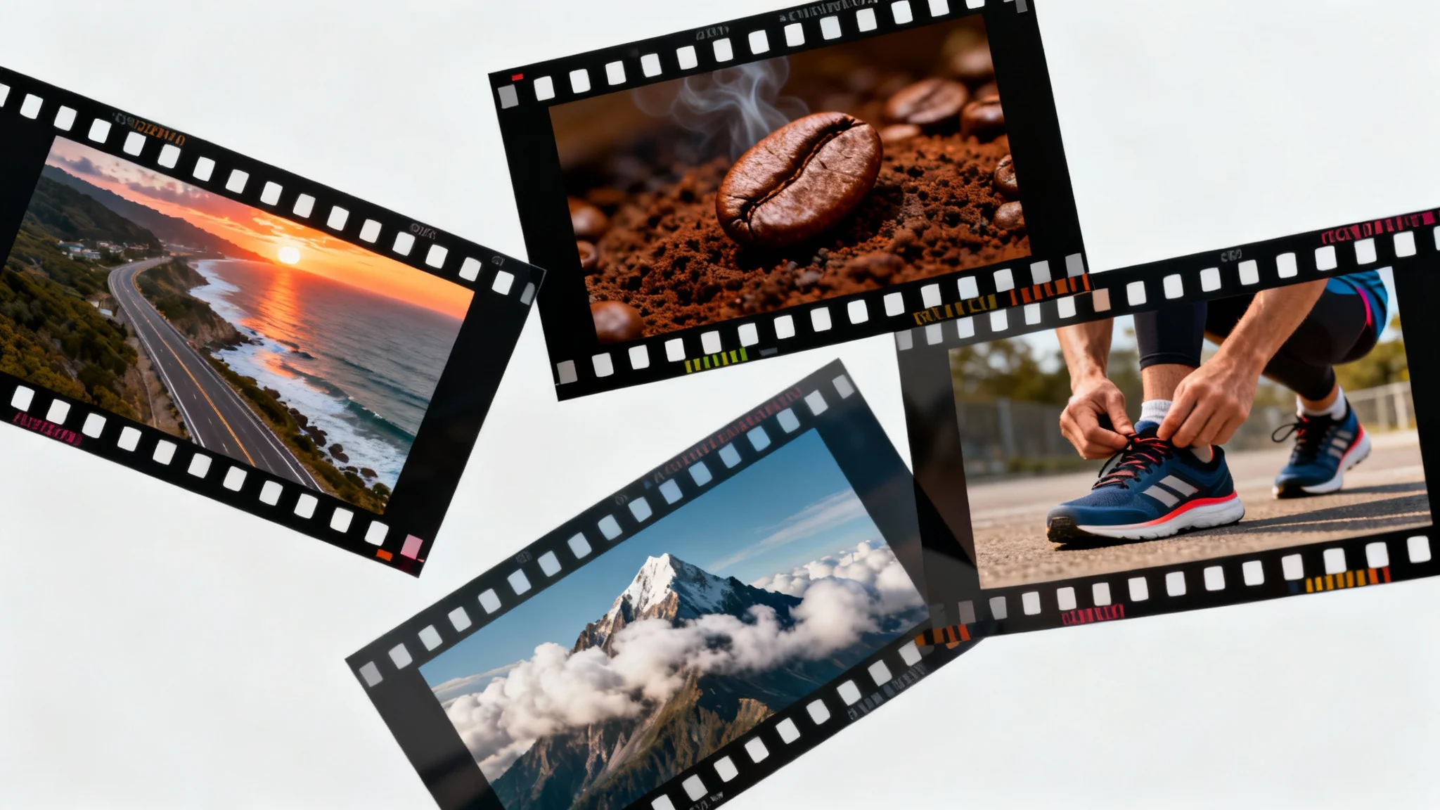 A collection of stylized film strips representing b-roll footage, featuring diverse scenes like a coastal highway, coffee beans, and an athlete, all set against a clean white background.