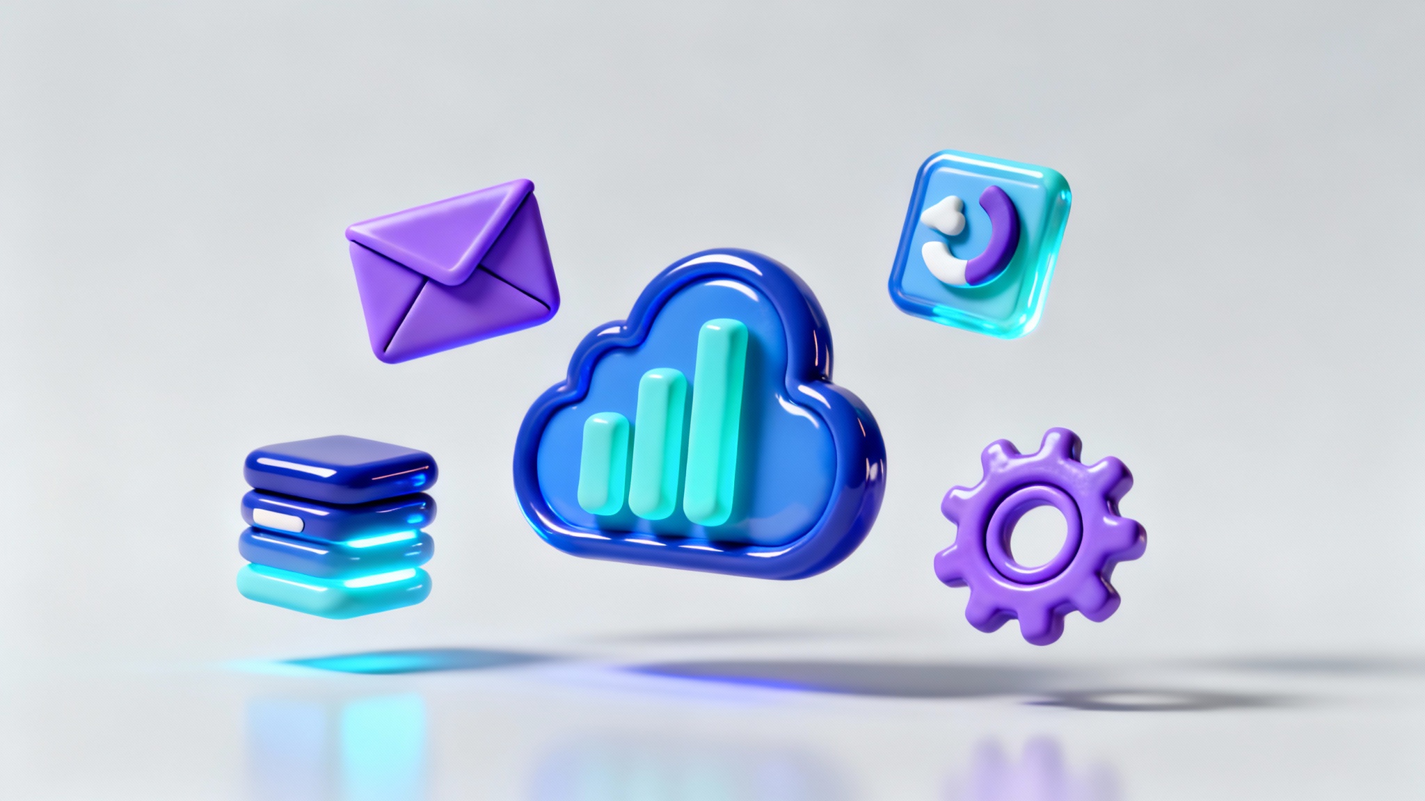 A collection of colorful, glossy 3D icons, including a mail envelope, a bar chart, a cloud, and a gear, floating against a light gray background in a clean, modern design showcase.