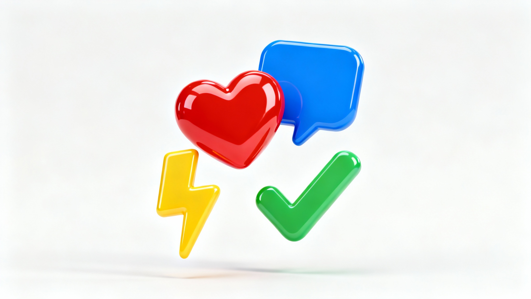 A collection of glossy, colorful 3D icons, including a heart, speech bubble, and lightning bolt, floating against a clean white background.