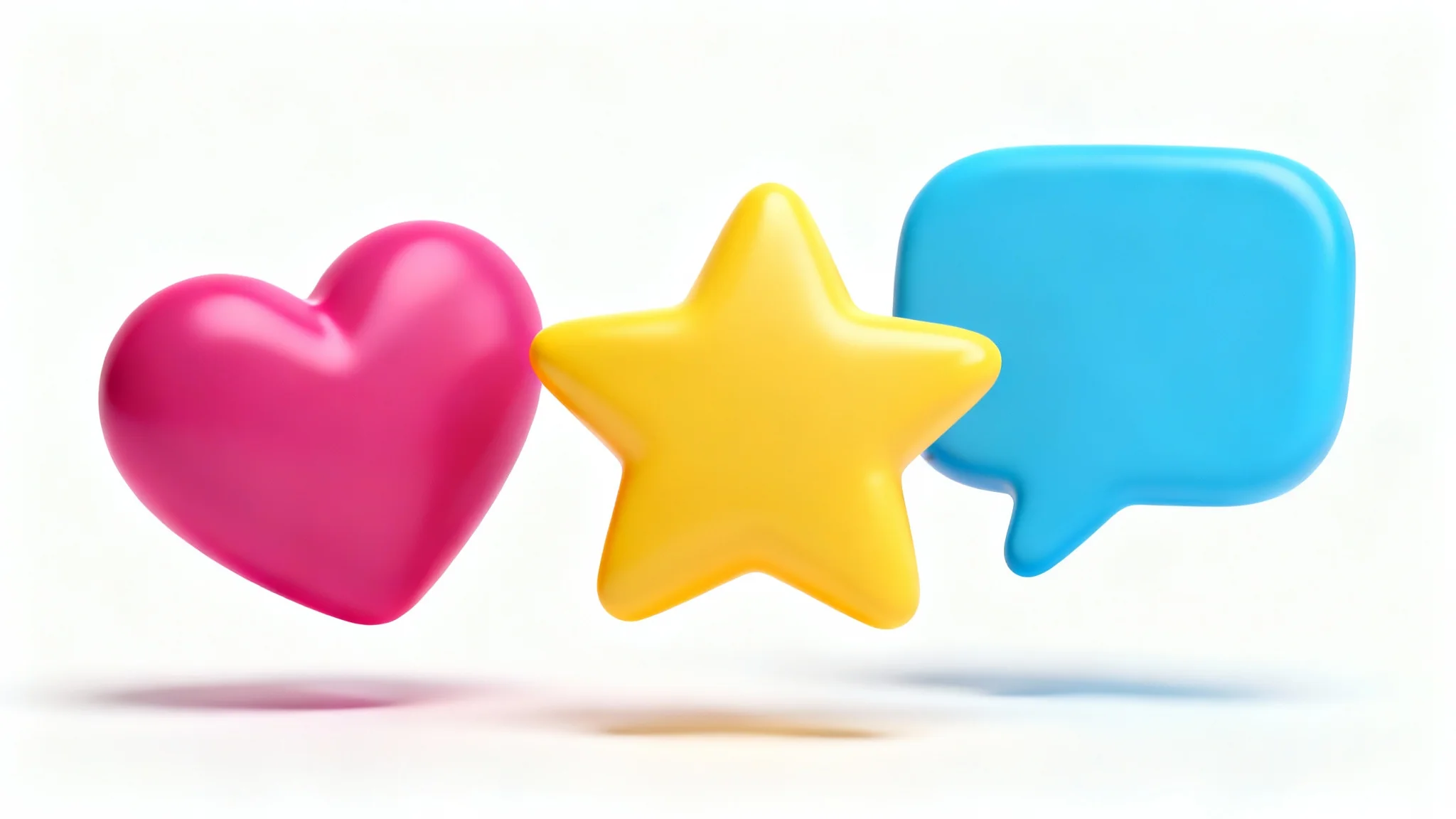 A collection of glossy, colorful 3D icons, including a heart, a speech bubble, and a star, floating against a clean white background.