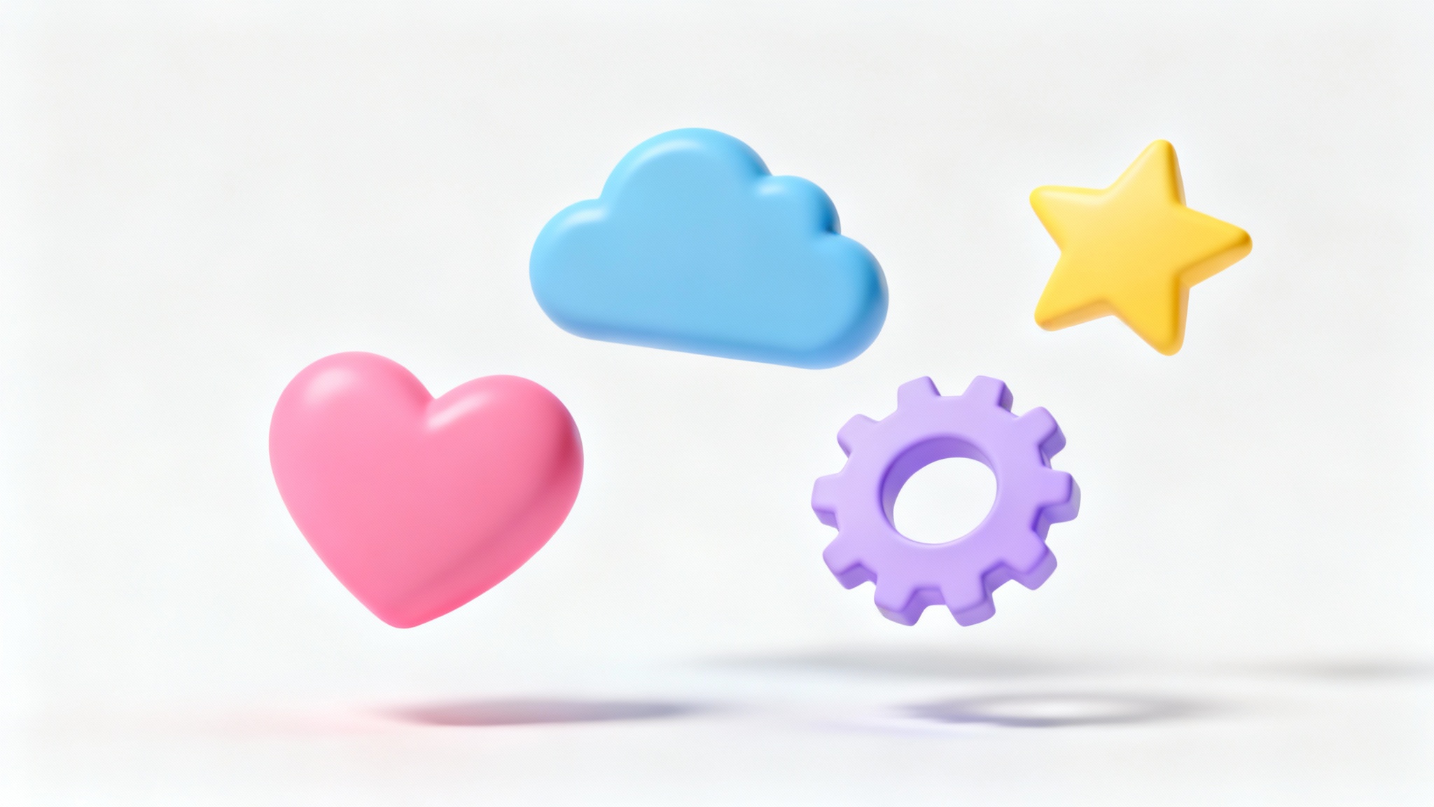 A collection of colorful and glossy 3D icons, including a heart, a cloud, and a star, floating against a clean white background, showcasing a modern design style.