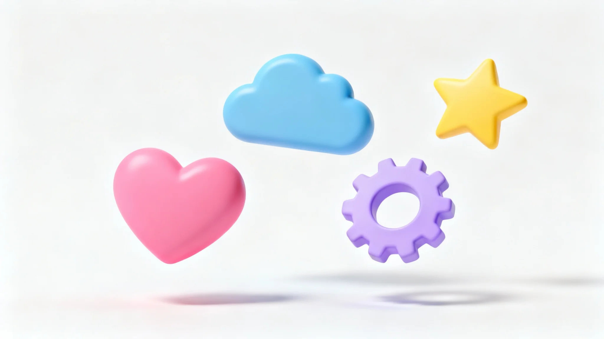 A collection of colorful and glossy 3D icons, including a heart, a cloud, and a star, floating against a clean white background, showcasing a modern design style.