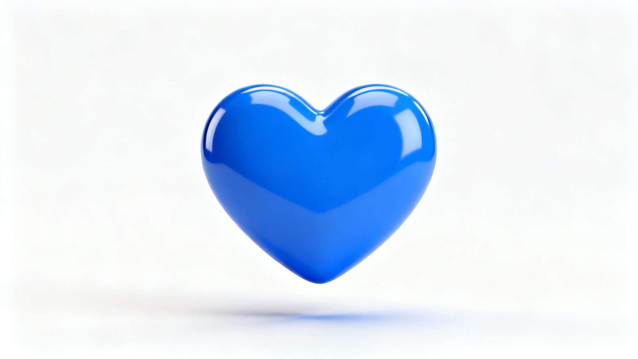 A glossy, bright blue 3D heart icon floating over a clean white background, creating a soft shadow.