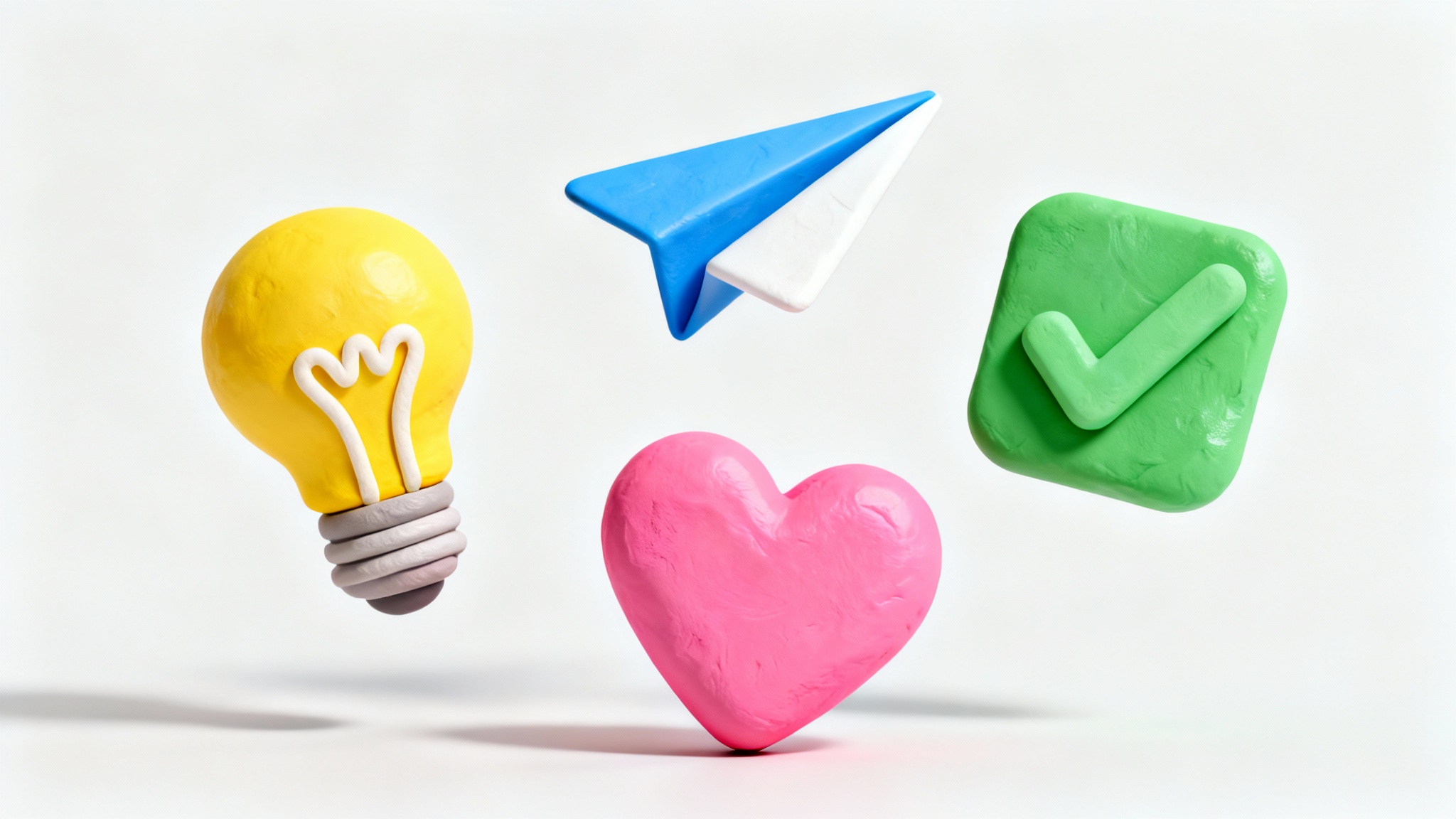 A vibrant collection of glossy 3D icons, including a lightbulb, a paper airplane, and a heart, floating against a clean white background.