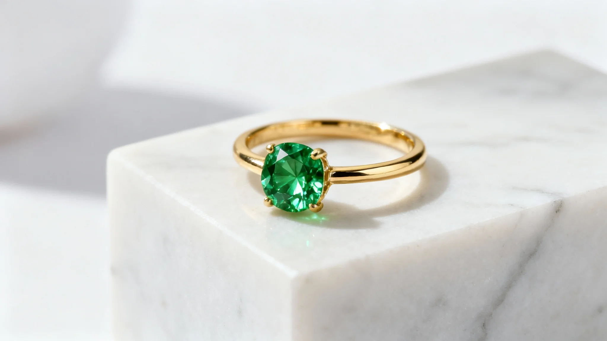 A professional macro photograph of a luxurious gold and emerald ring, showcased on a white marble surface against a clean white background.