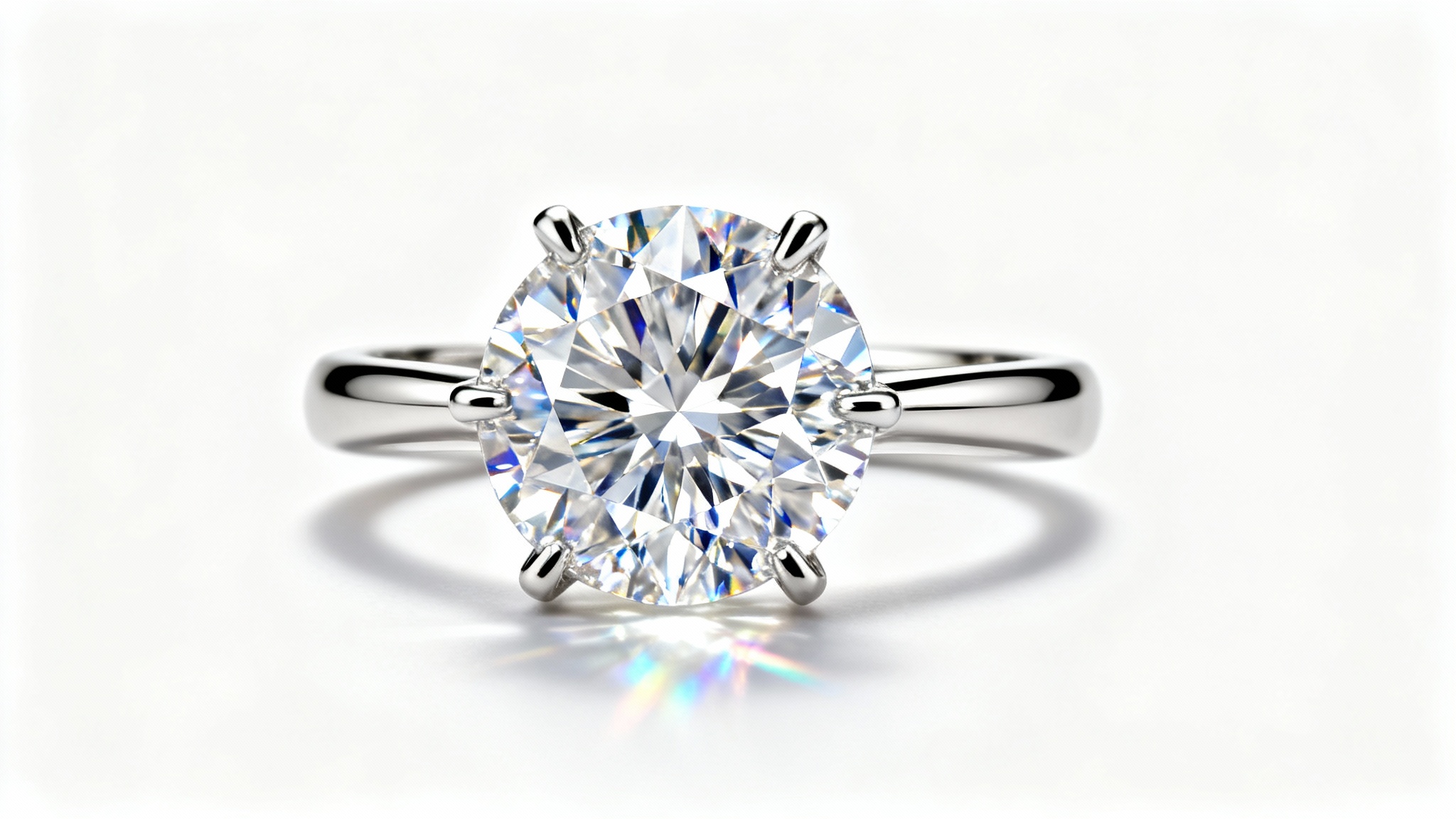 A hyper-realistic, close-up image of a brilliant-cut diamond engagement ring with a platinum band, shot in a professional studio setting against a pure white background to showcase its sparkle.