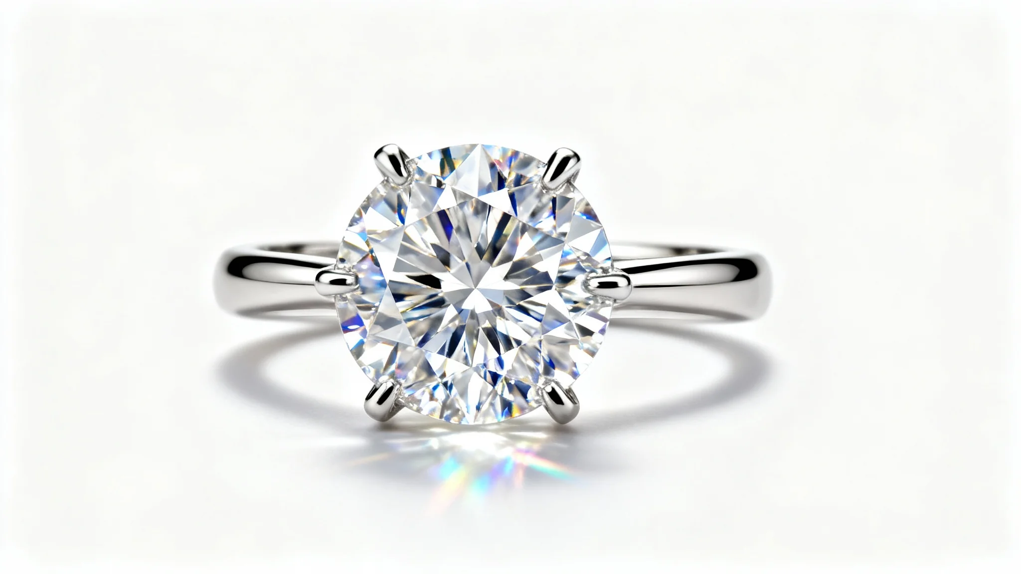 A hyper-realistic, close-up image of a brilliant-cut diamond engagement ring with a platinum band, shot in a professional studio setting against a pure white background to showcase its sparkle.