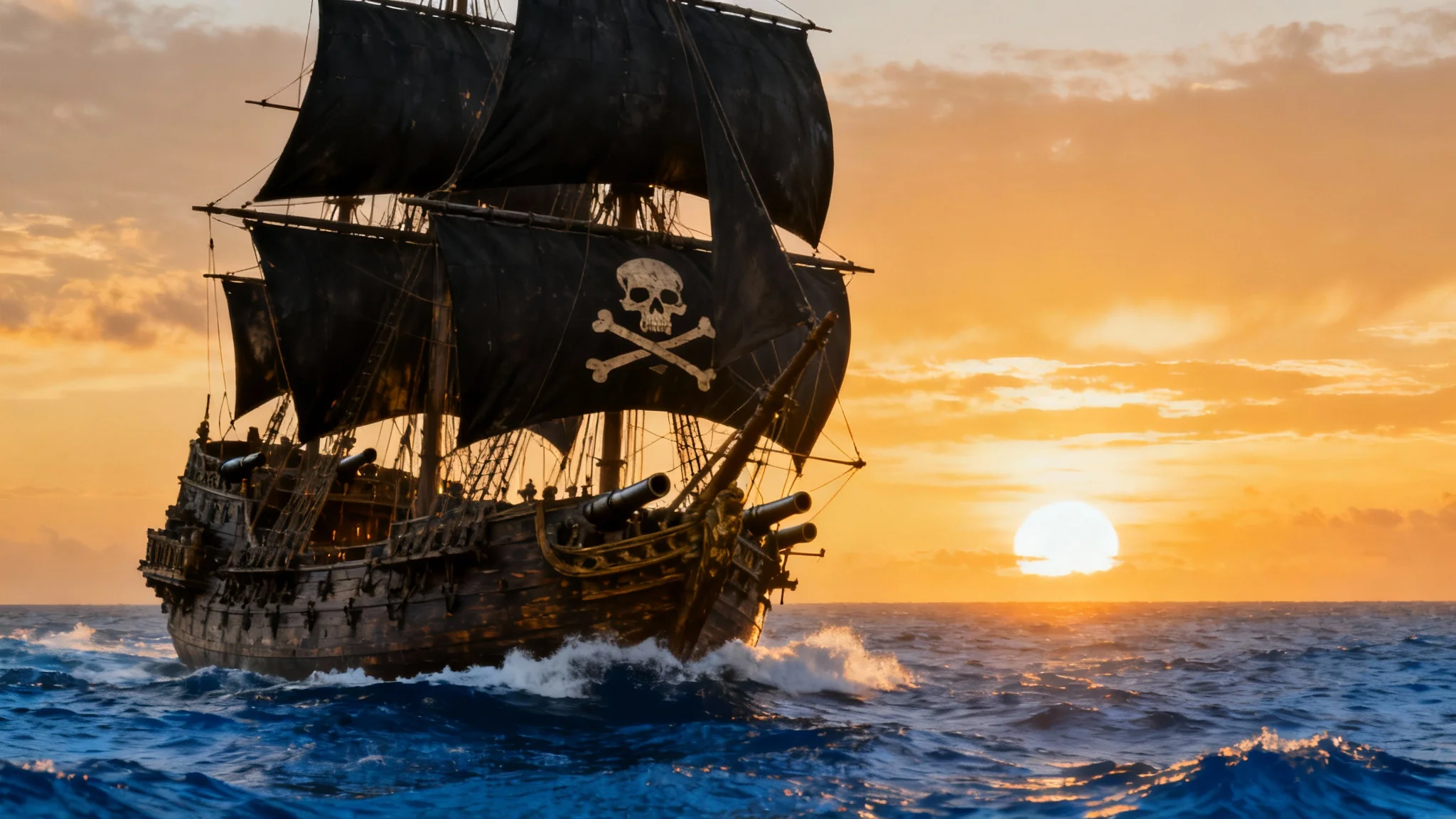 A majestic pirate ship with full black sails cutting through the ocean waves during a dramatic and colorful sunset, presented in a wide, cinematic view.