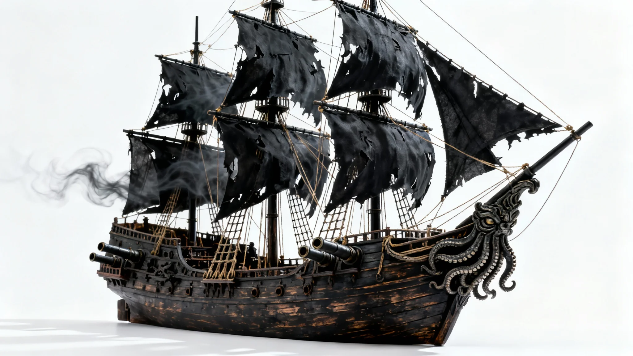 A hyper-realistic model of a dark wood pirate ship with tattered black sails, shown from the side against a plain white background.
