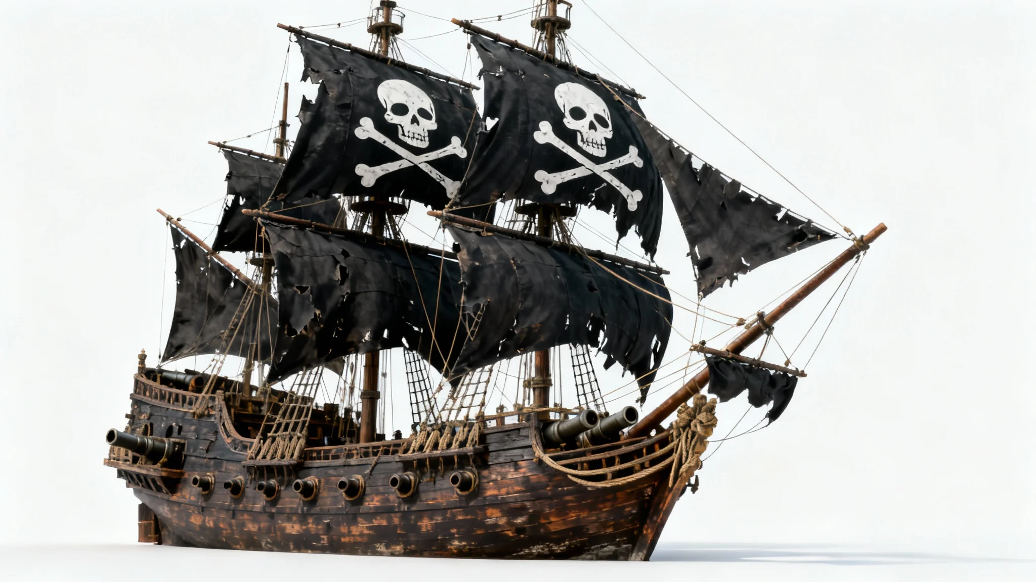 A detailed studio mockup of a classic pirate ship with black Jolly Roger sails, set against a plain white background.
