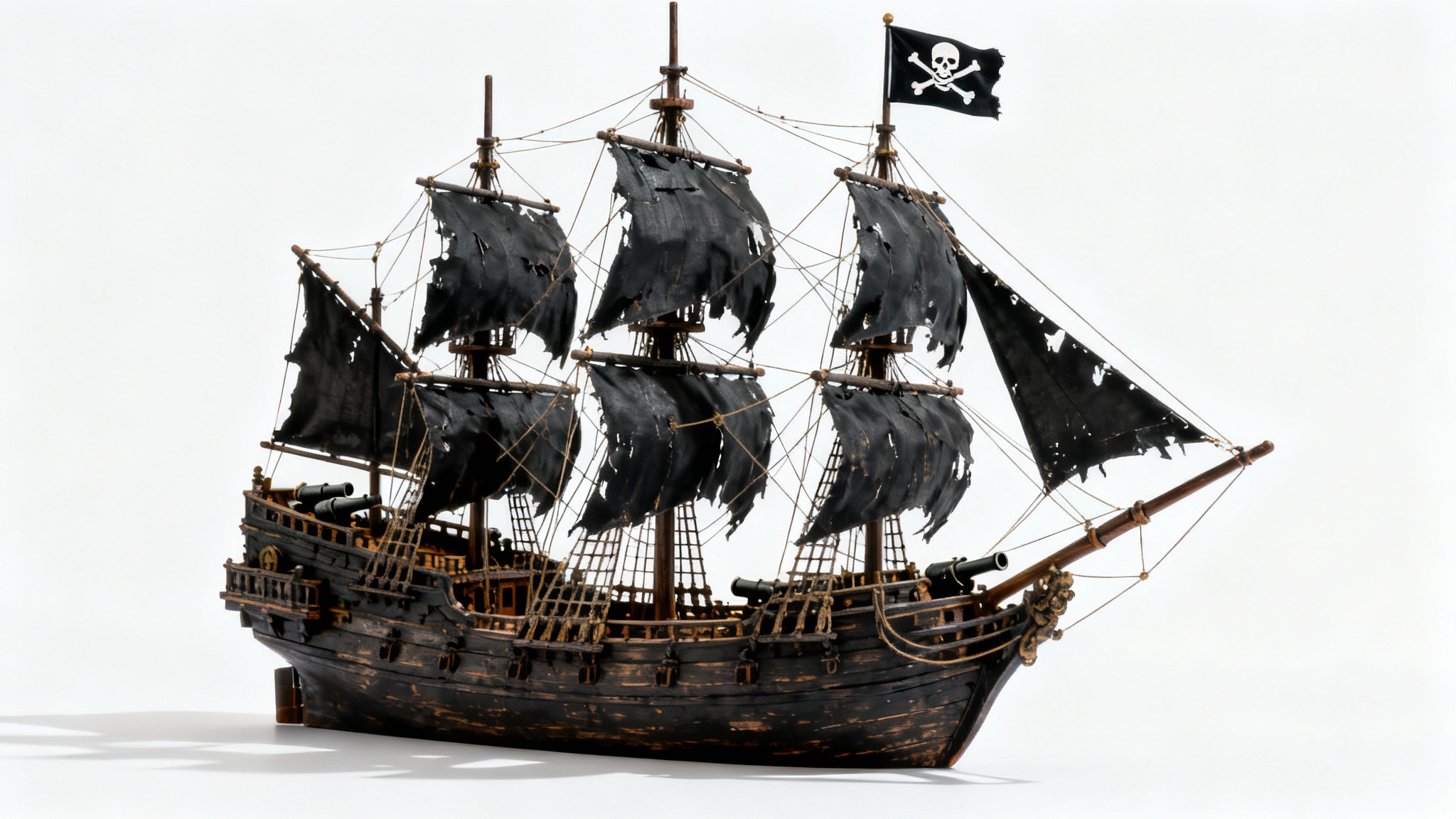 A hyper-realistic mockup of a menacing pirate ship with tattered black sails and a Jolly Roger flag, presented in a studio setting against a solid white background.