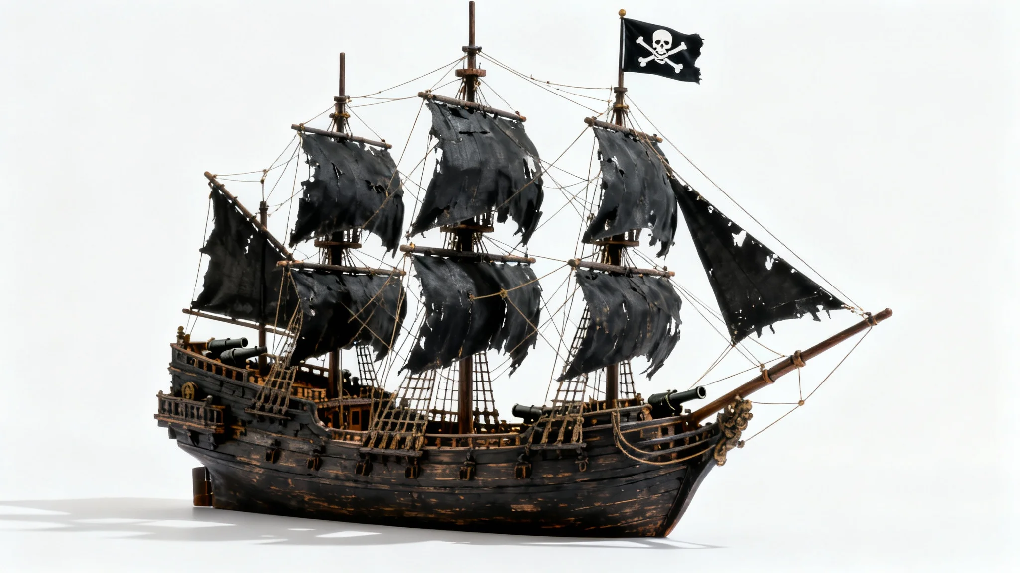 A hyper-realistic mockup of a menacing pirate ship with tattered black sails and a Jolly Roger flag, presented in a studio setting against a solid white background.