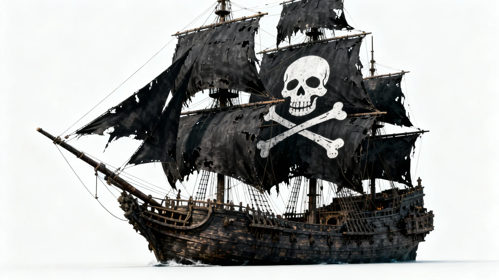 A photorealistic mockup of a majestic pirate ship with tattered black sails and a skull and crossbones, set against a plain white background.