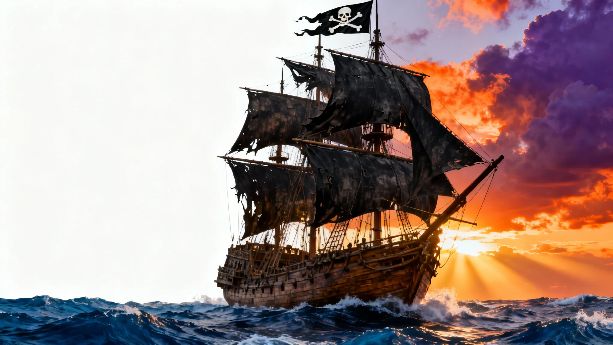 A highly detailed mockup of a majestic pirate ship with black sails, dramatically lit by a sunset, set against a clean white background.