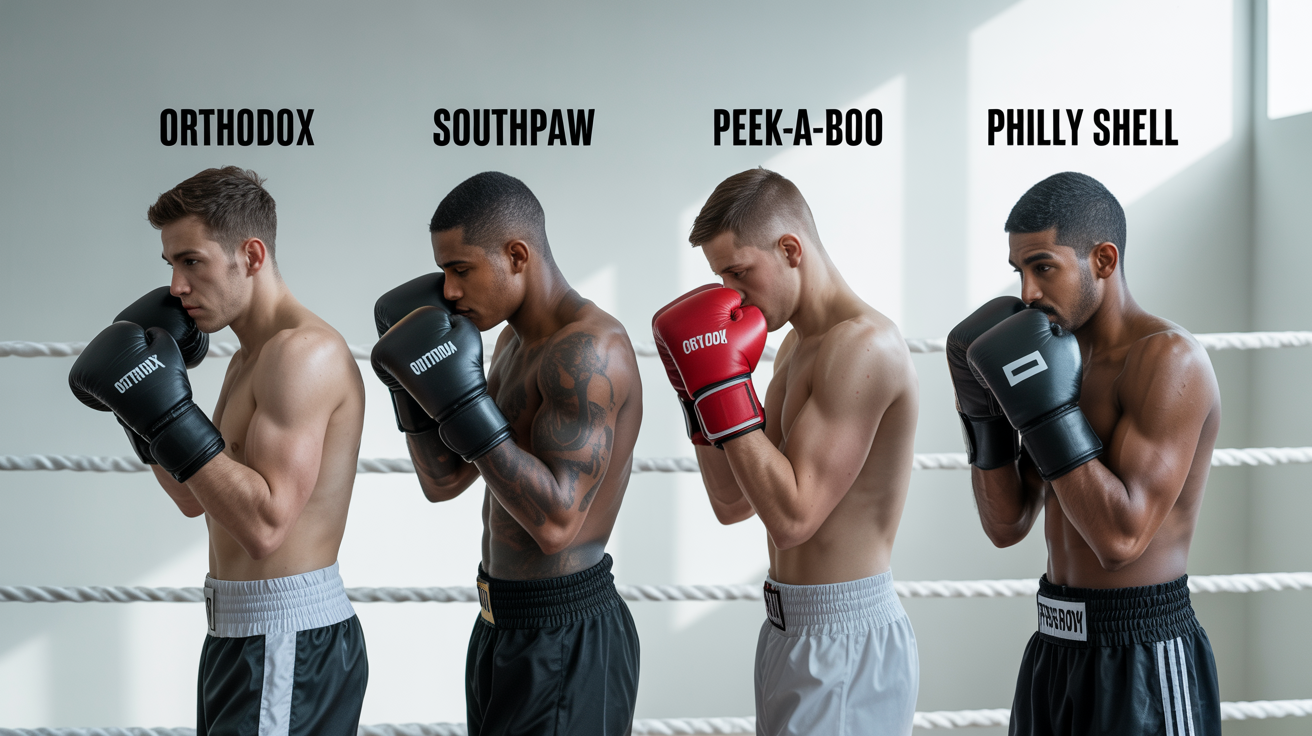 A wide-format reference guide showing four diverse boxers demonstrating different stances against a clean background, with text labels 'ORTHODOX', 'SOUTHPAW', 'PEEK-A-BOO', and 'PHILLY SHELL' above each.
