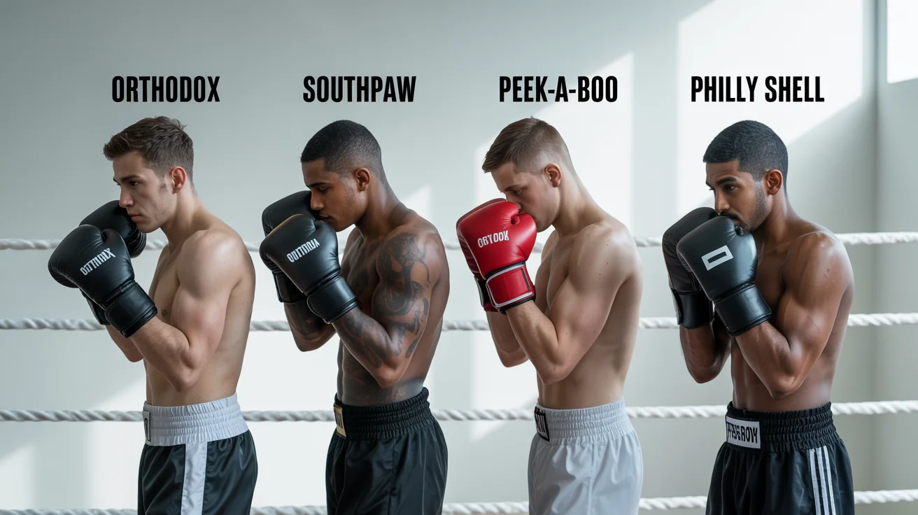 A wide-format reference guide showing four diverse boxers demonstrating different stances against a clean background, with text labels 'ORTHODOX', 'SOUTHPAW', 'PEEK-A-BOO', and 'PHILLY SHELL' above each.