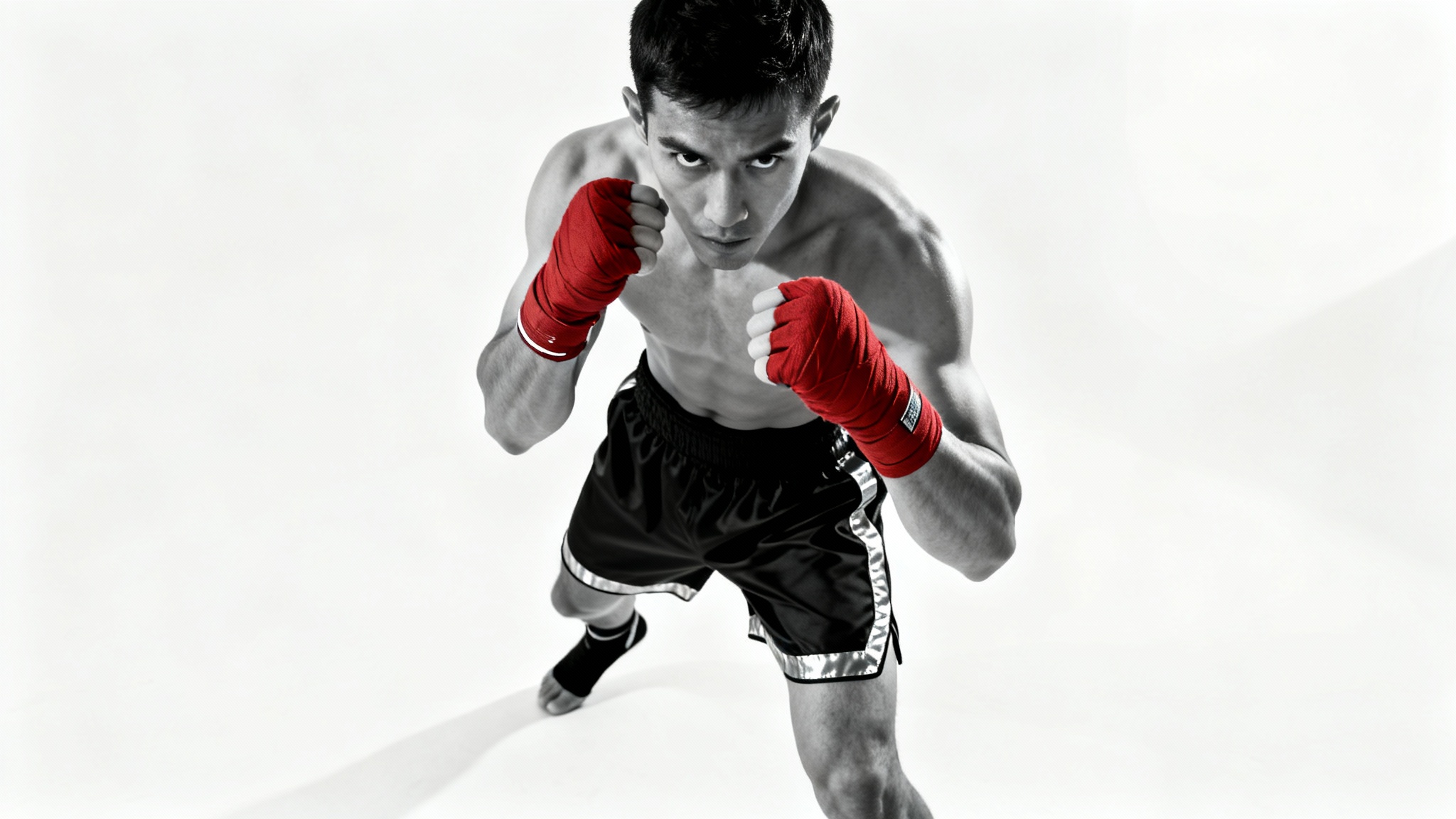 A full-body studio photograph of an athletic boxer demonstrating a perfect orthodox boxing stance against a solid white background, suitable for reference.