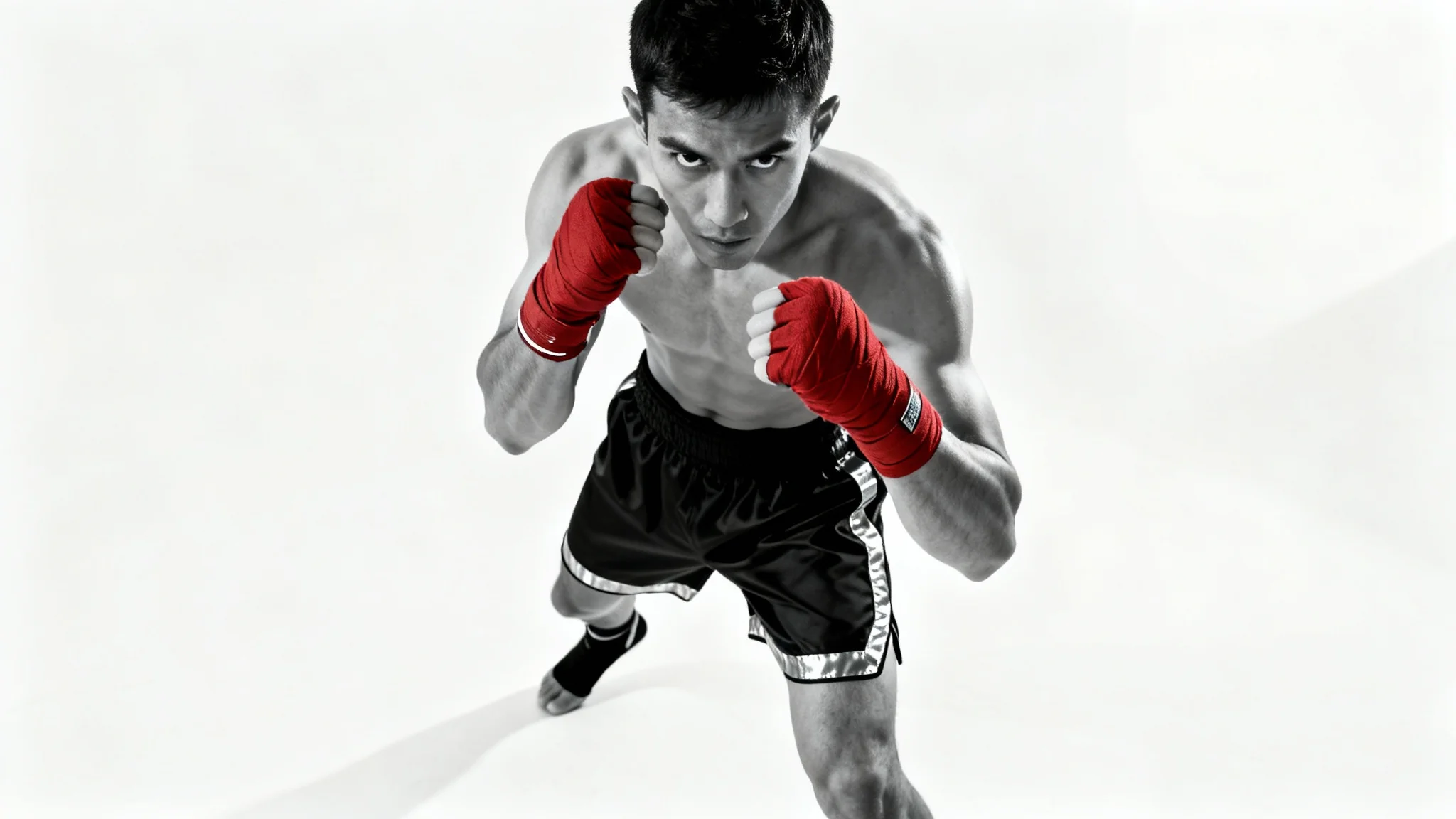 A full-body studio photograph of an athletic boxer demonstrating a perfect orthodox boxing stance against a solid white background, suitable for reference.