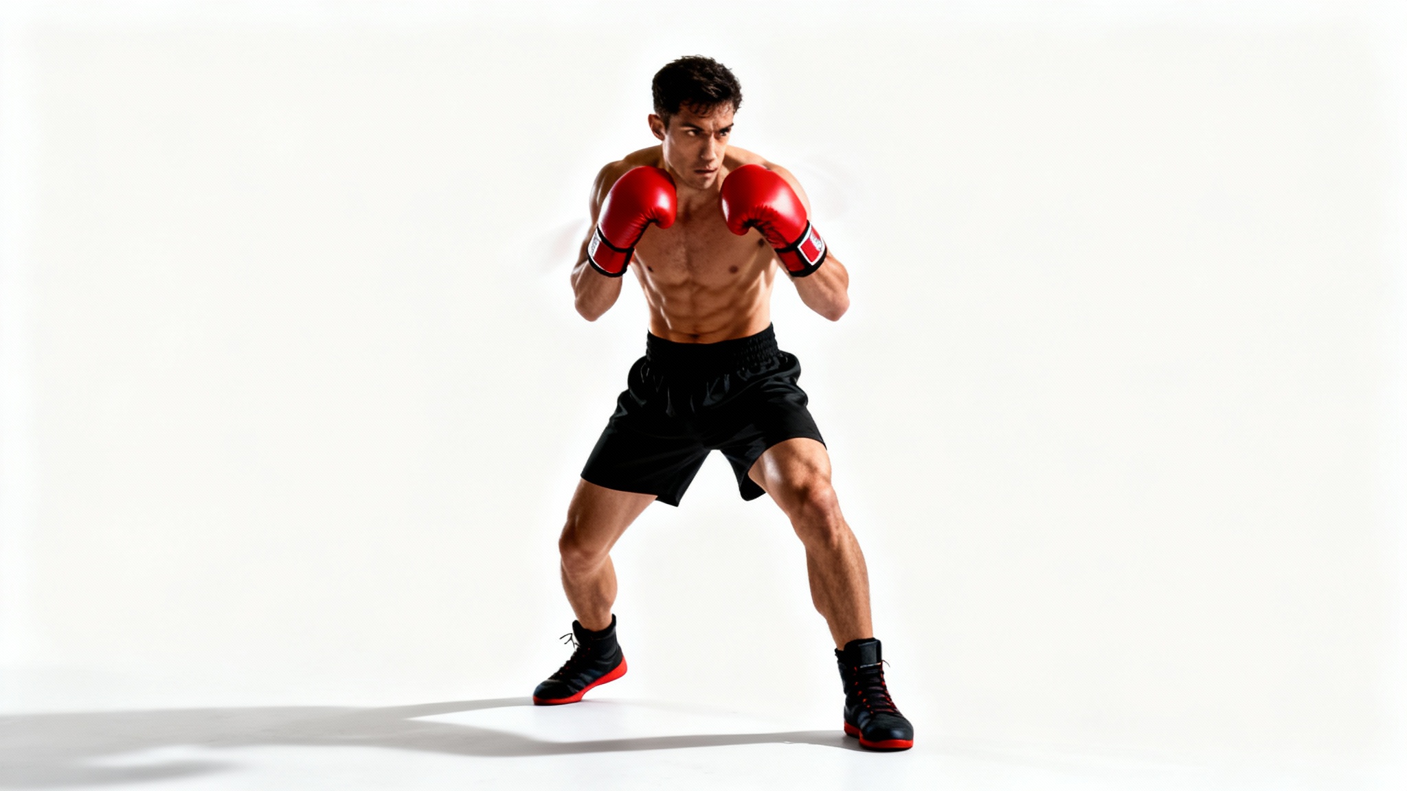 A full-body, photorealistic image of a boxer in a correct fighting stance, with fists raised to his face, set against a clean white background.