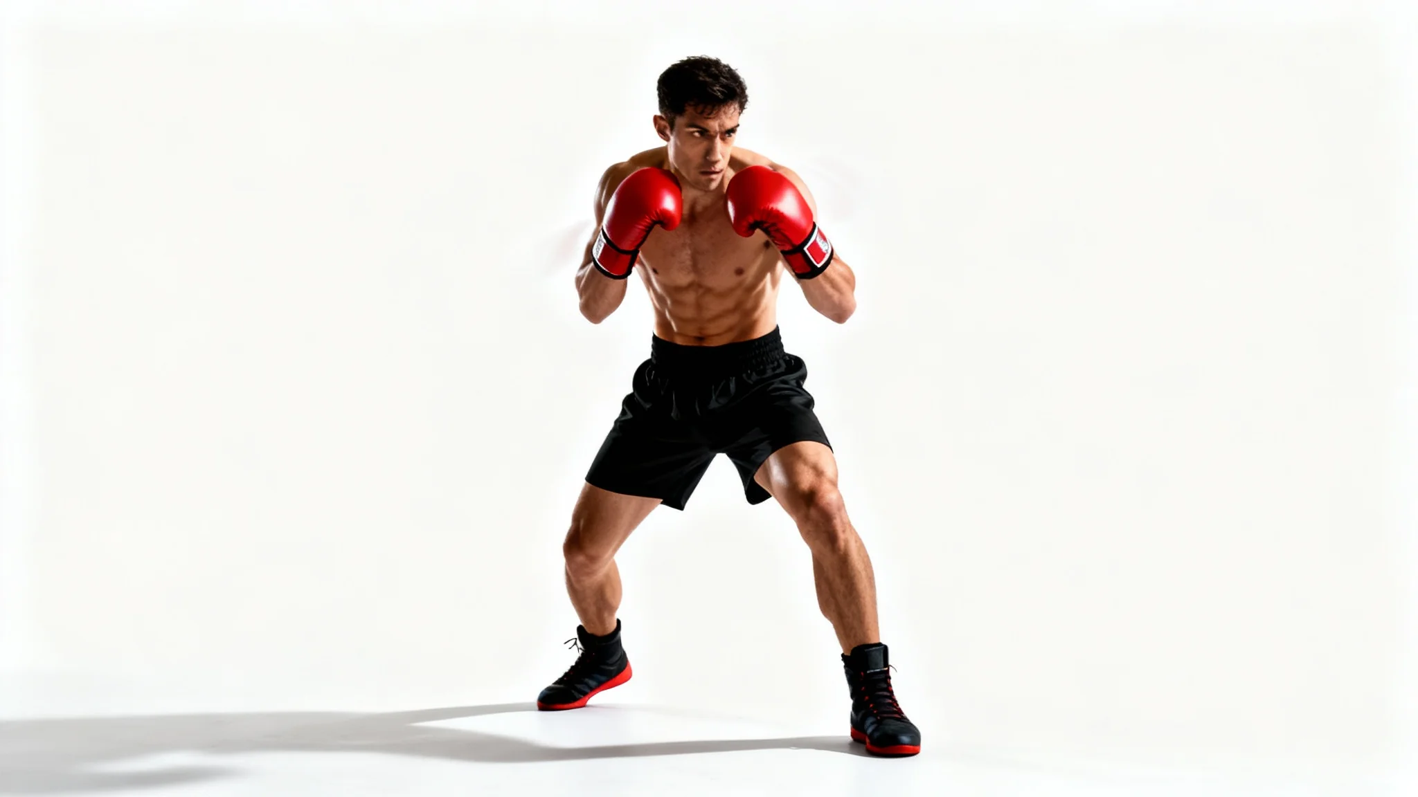 A full-body, photorealistic image of a boxer in a correct fighting stance, with fists raised to his face, set against a clean white background.