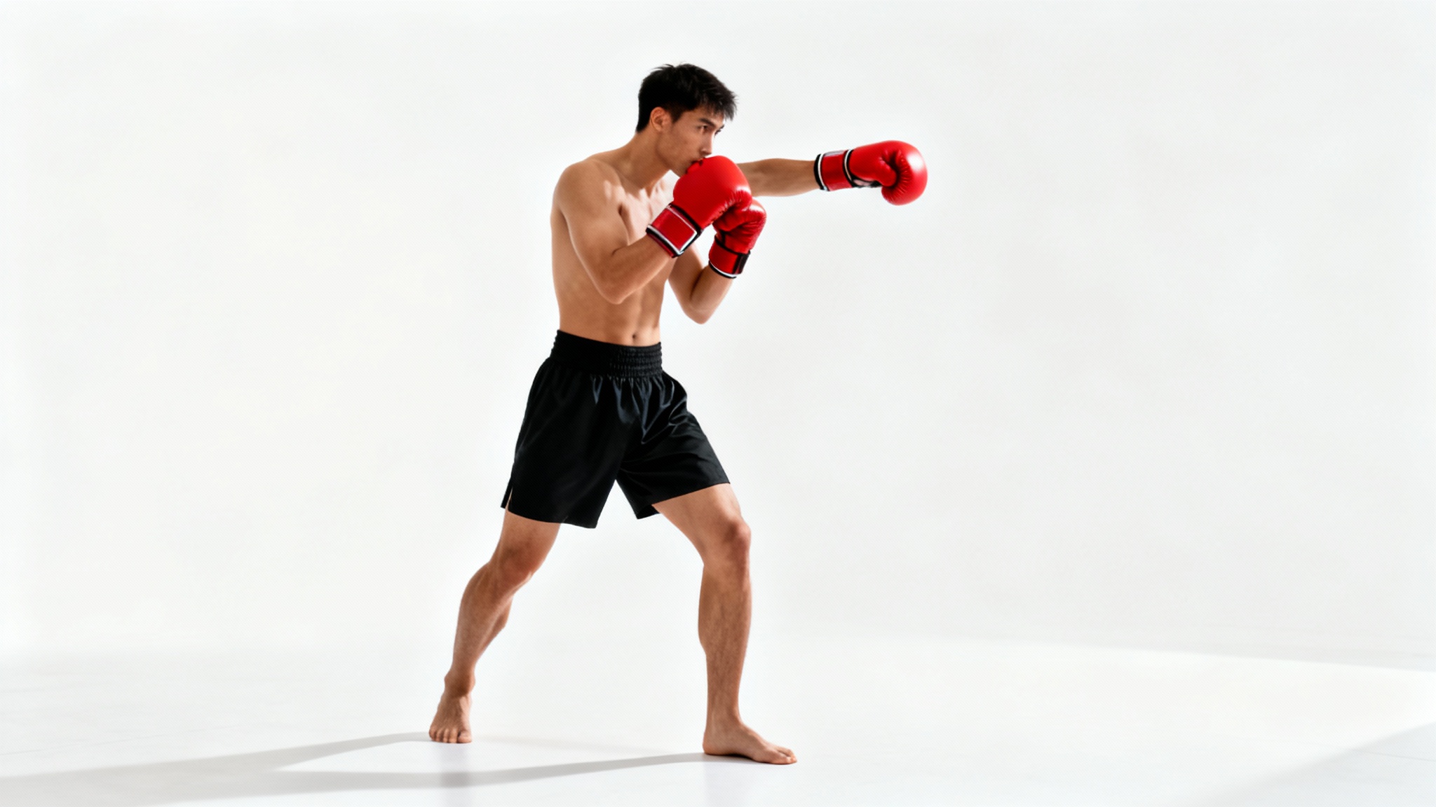 A full-body, three-quarter view of a male boxer in a classic boxing stance, wearing red gloves and black shorts against a plain white background, demonstrating proper form for reference.