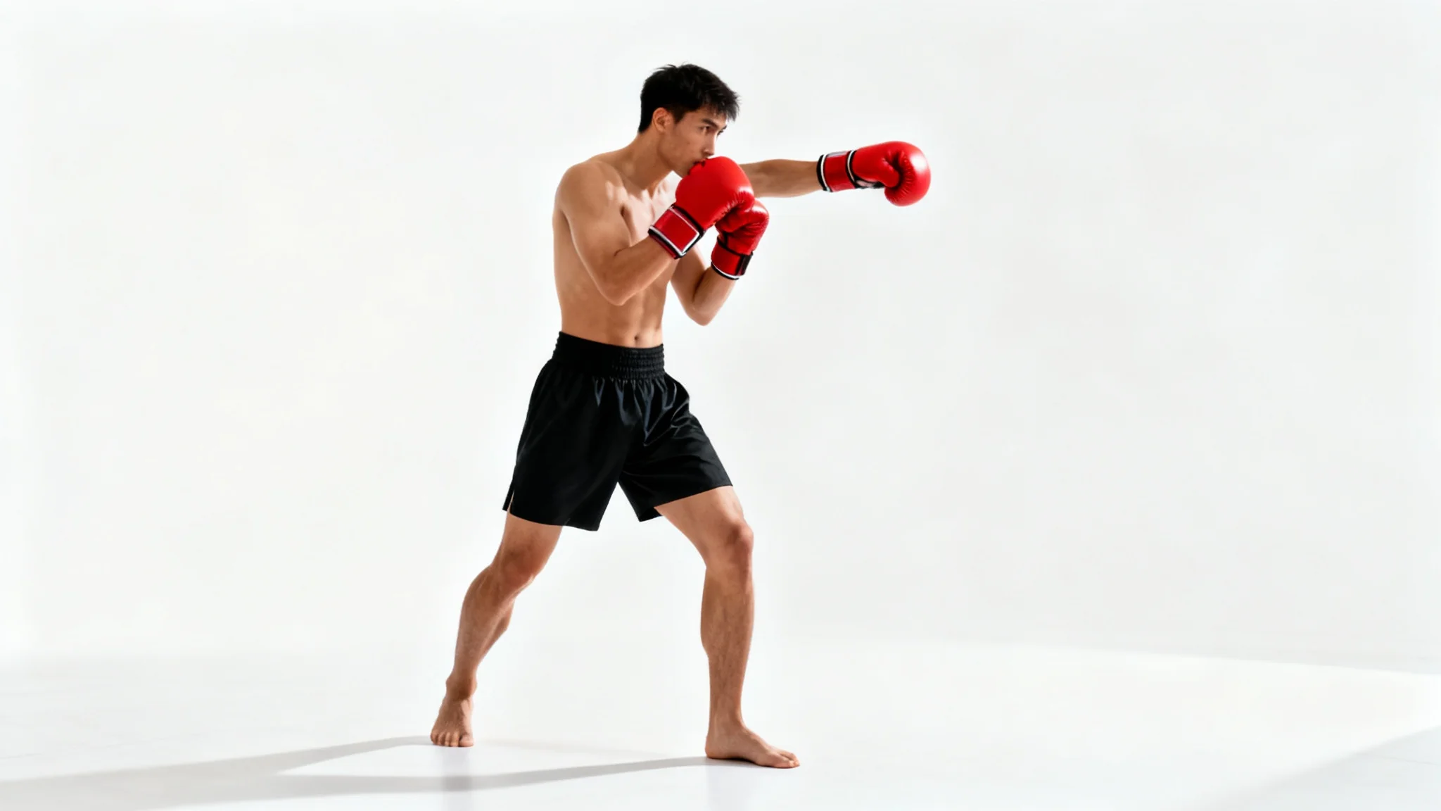 A full-body, three-quarter view of a male boxer in a classic boxing stance, wearing red gloves and black shorts against a plain white background, demonstrating proper form for reference.